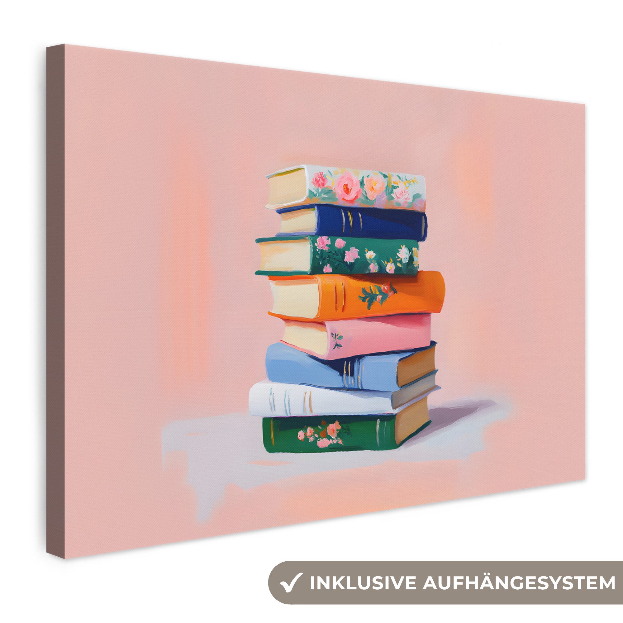 OneMillionCanvasses® Leinwandbild Bücher - Stapel - Bunt, Fotodruck (1 St), Leinwand Bilder Klein, Wand Dekoration Aesthetic 30x20 cm
