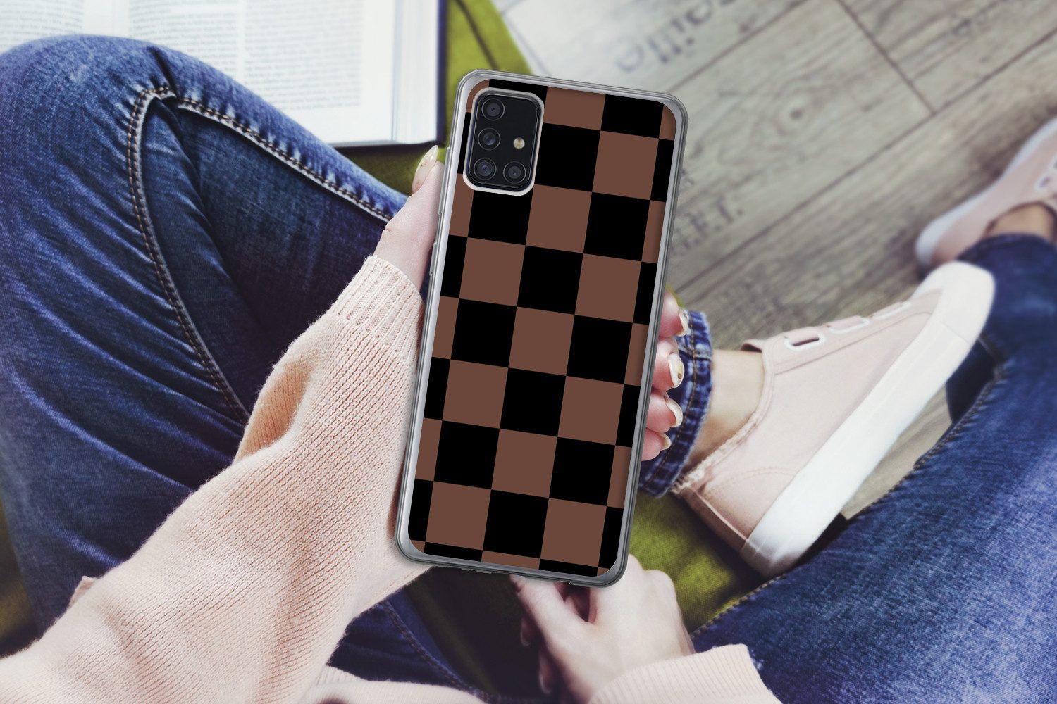 MuchoWow Handyhülle für Samsung Galaxy A52 5G Schachbrettmuster - Braun - Schwarz - Blöcke, Smartphone-Bumper, Print, Handy Schutzhülle Dünn