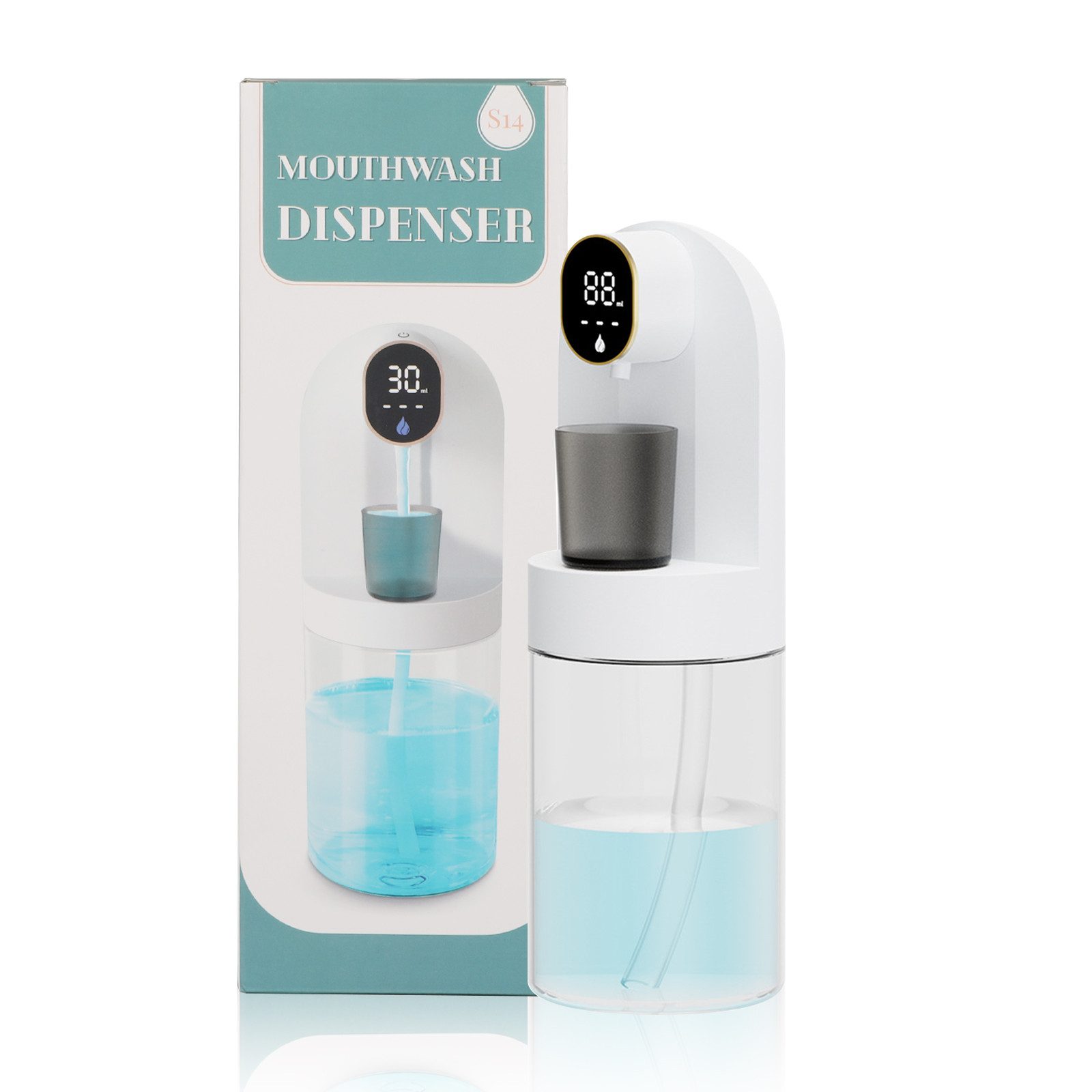 TWSOUL Munddusche Mundwasser Spender Automatisch 600ML Mundspülung Spender mit 2 Becher, Wiederaufladbar Mundspülspender mit 4 Dosierstufen, Tropfsicher