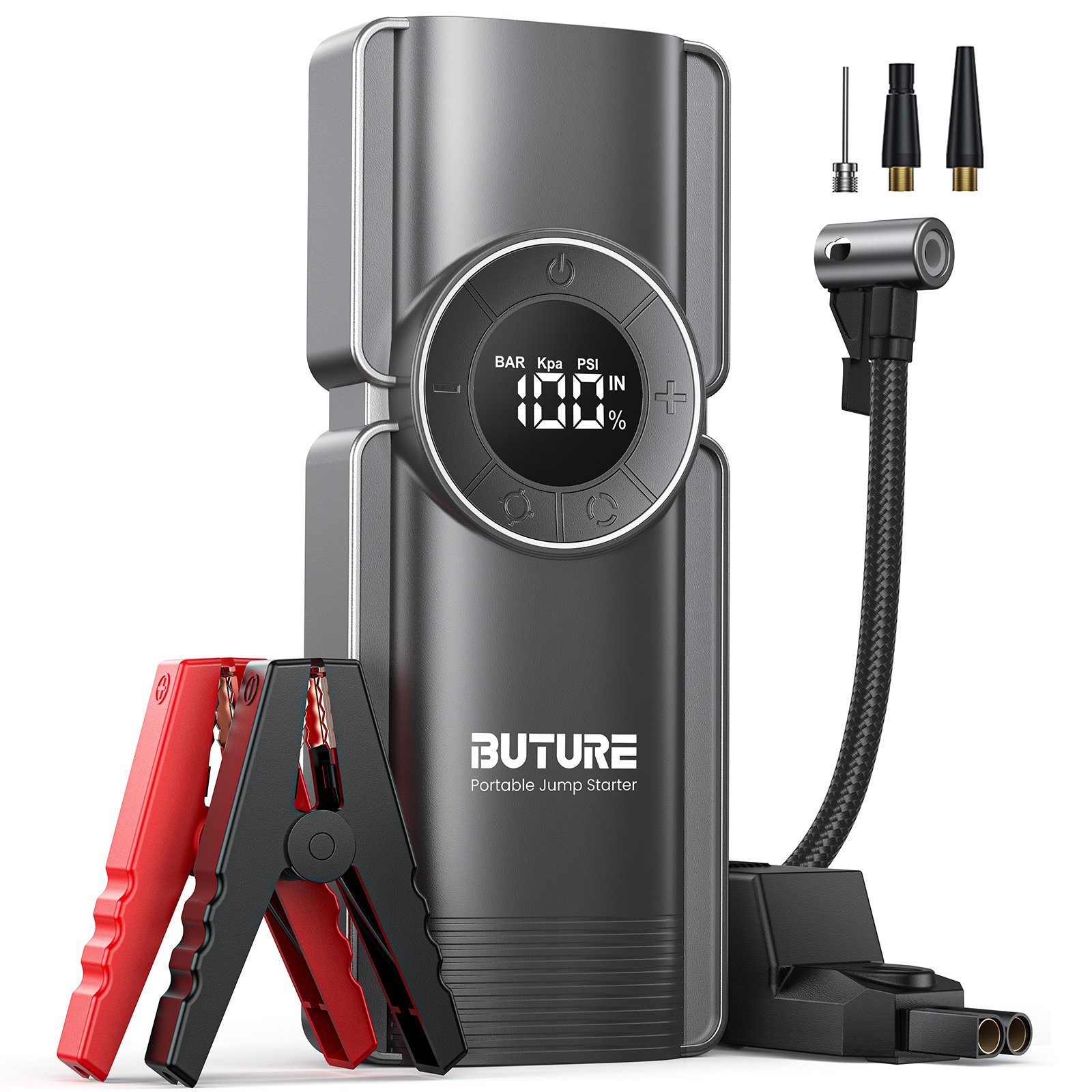 Buture 2500A Startstrom, 20000mAh Powerbank, 8.5L Benzin/Diesel Starthilfegerät, LED-Notlicht, Kabelloser Luftkompressor, -20℃ bis -60℃ Einsatzbereich