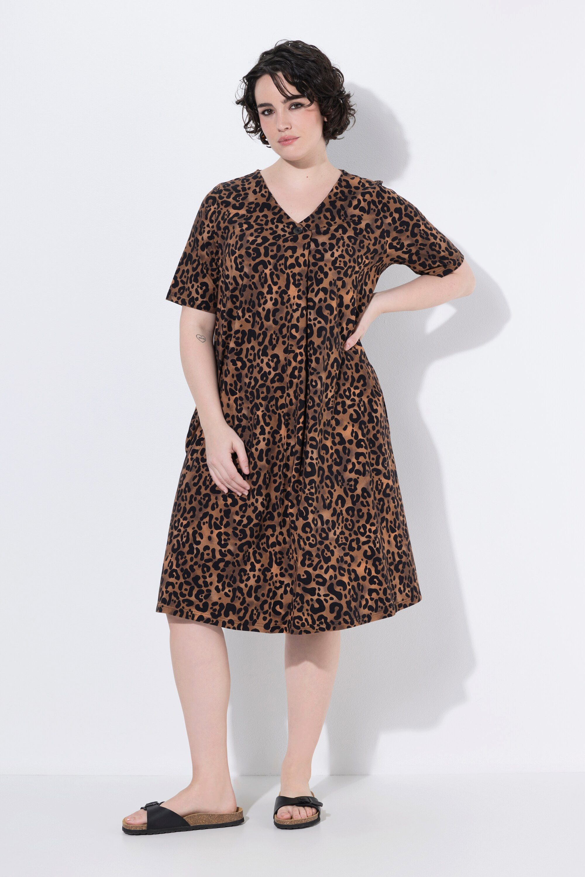 Ulla Popken Jerseykleid Midikleid A-Linie V-Ausschnitt Halbarm Taschen