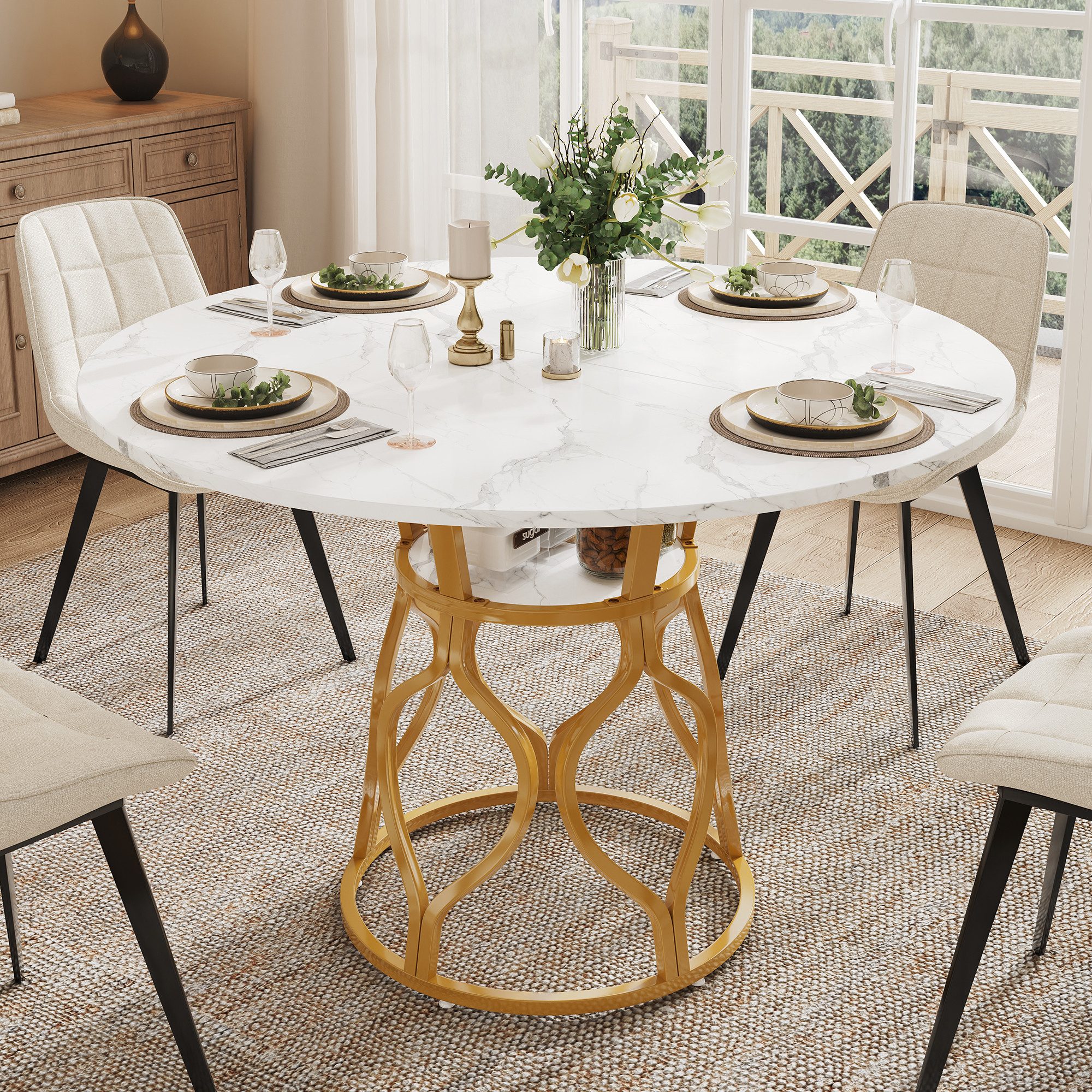 i@home Esstisch Runder Esstisch 100x100x75 cm, Küchentisch für 4-6 Personen, MDF Tischplatte in Marmoroptik, platzsparender Esszimmertisch