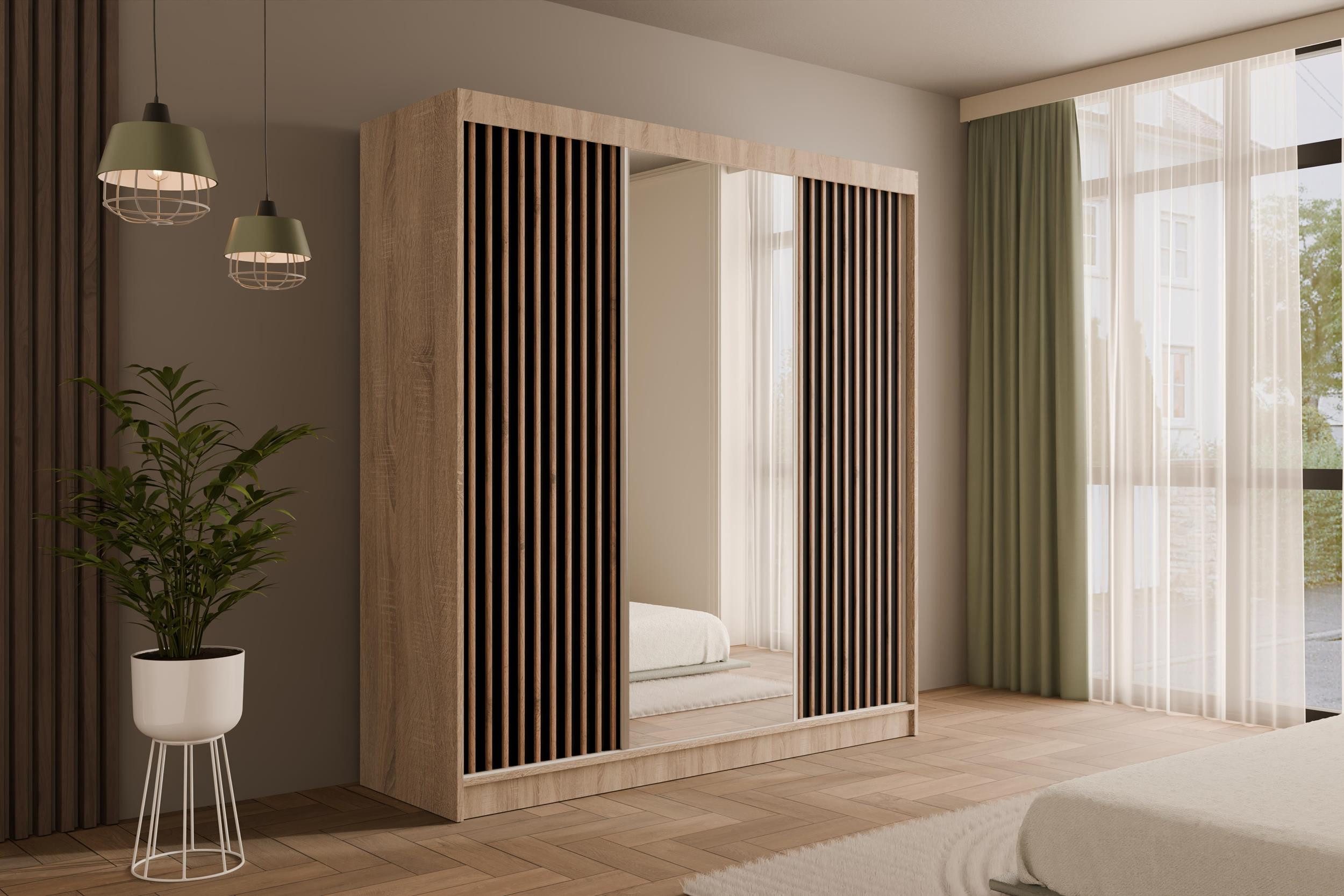 ALTDECOR Schiebetürenschrank V2-ZENTI (Kleiderschrank Garderobenschrank mit viel Stauraum Moderner Schrank) Spiegel Spiegeltüren Lamellen Vielseitiger Schwebetürenschrank