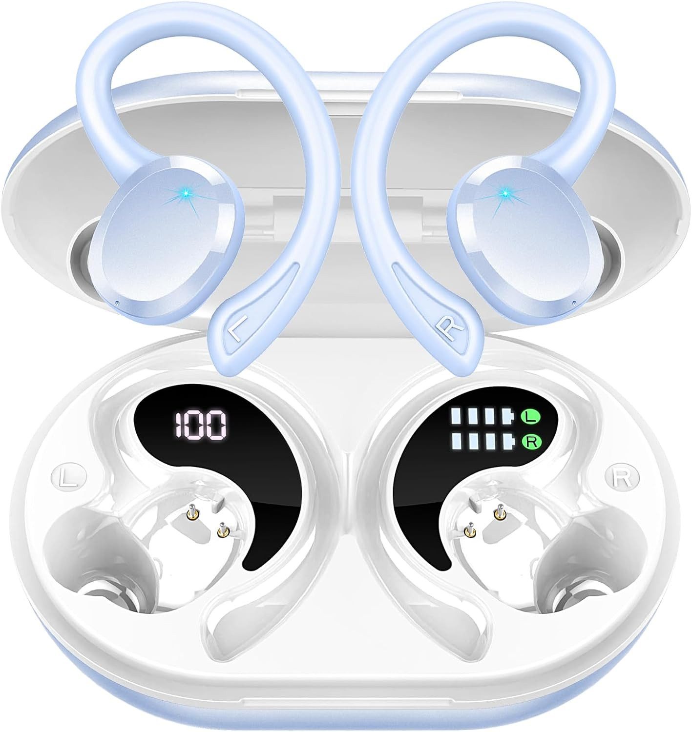 Rulefiss Kabellos Bluetooth 5.3 HiFi Stereo[2023]13 mm Treiber USB-C LEDLadebox In-Ear-Kopfhörer (Lange Akkulaufzeit von 6-8 Stunden, erweiterbar auf 48 Stunden mit Ladecase., mit HD Mic, 48Std Ohrhörer mit Bügel, IP7 Wasserdicht/800mAh)
