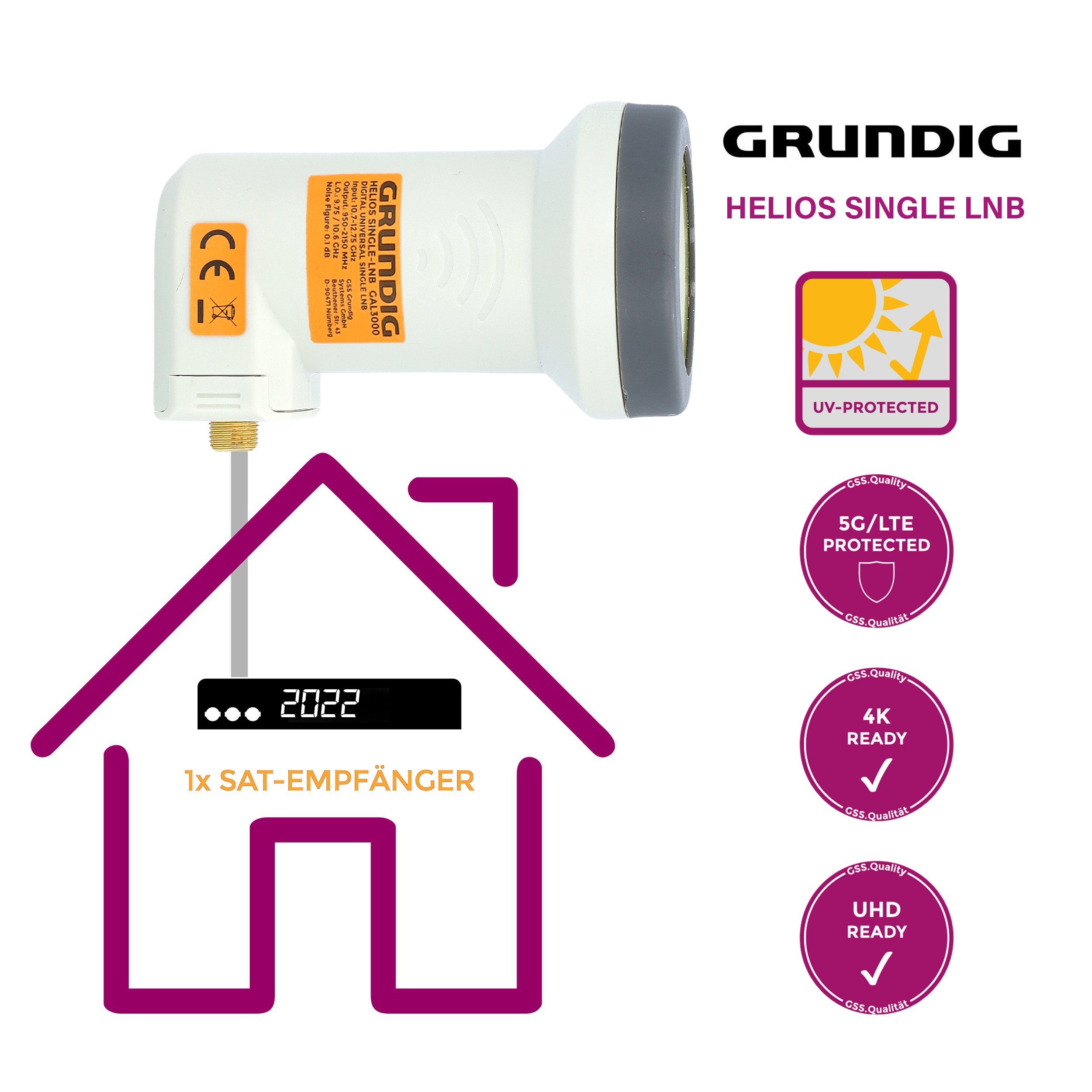 GSS 2x LNB Universal-Single-LNB F-Stecker vergoldet) (LTE Aufdrehhilfe Wetterschutz & mit Filter, Single Helios