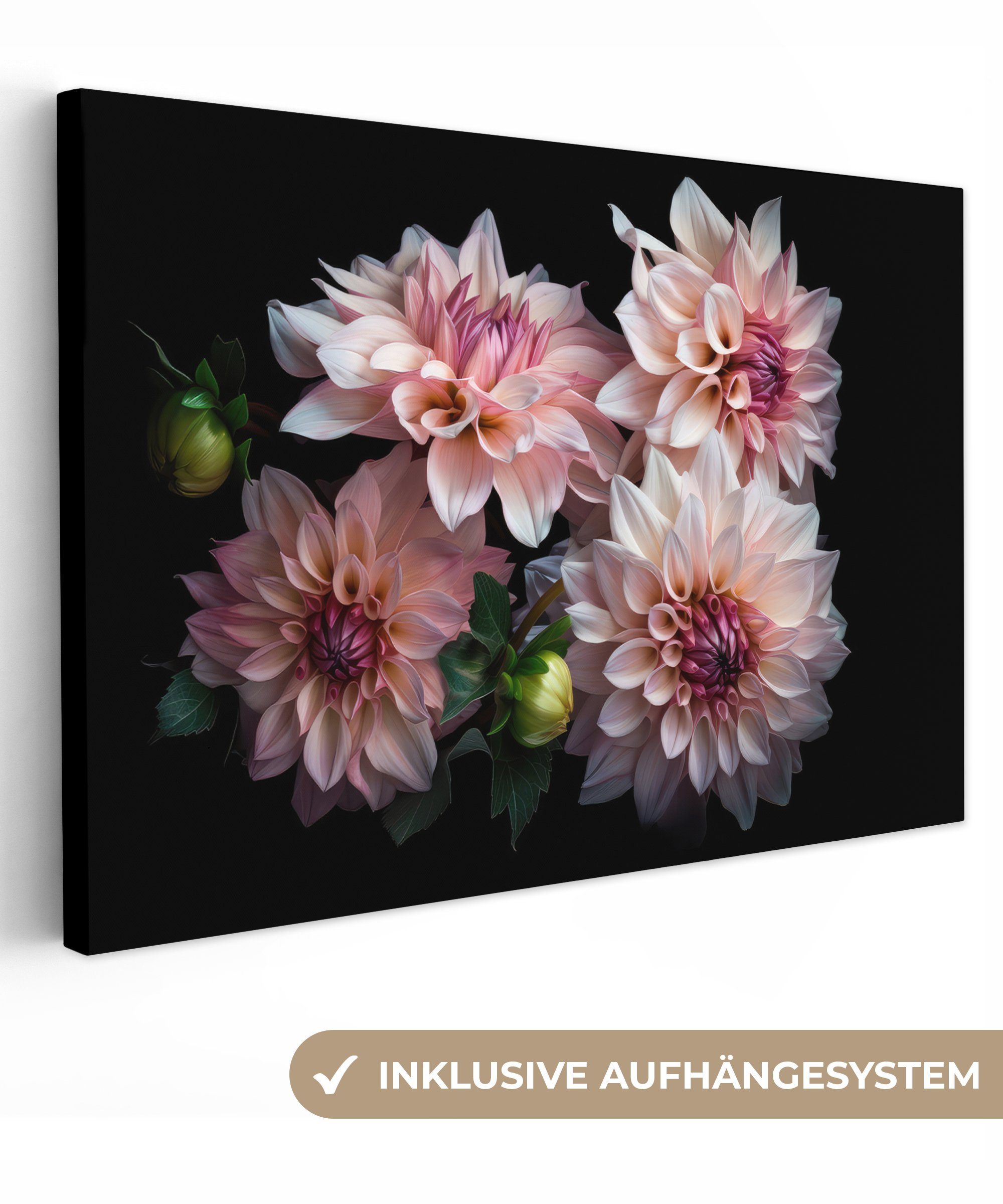 OneMillionCanvasses® Leinwandbild Dahlie - Weiß - Blumen - Rosa - Natur, (1 St), Wandbild Leinwandbilder, Aufhängefertig, Wanddeko, 30x20 cm | Leinwandbilder
