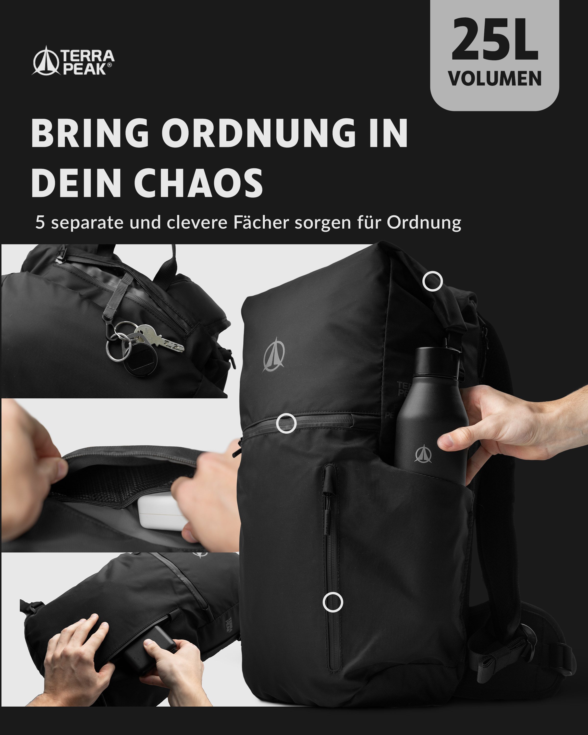 Terra Peak Tagesrucksack, Rucksack für Damen und Herren, 20 bis 25l Volumen, für Laptops bis 15"