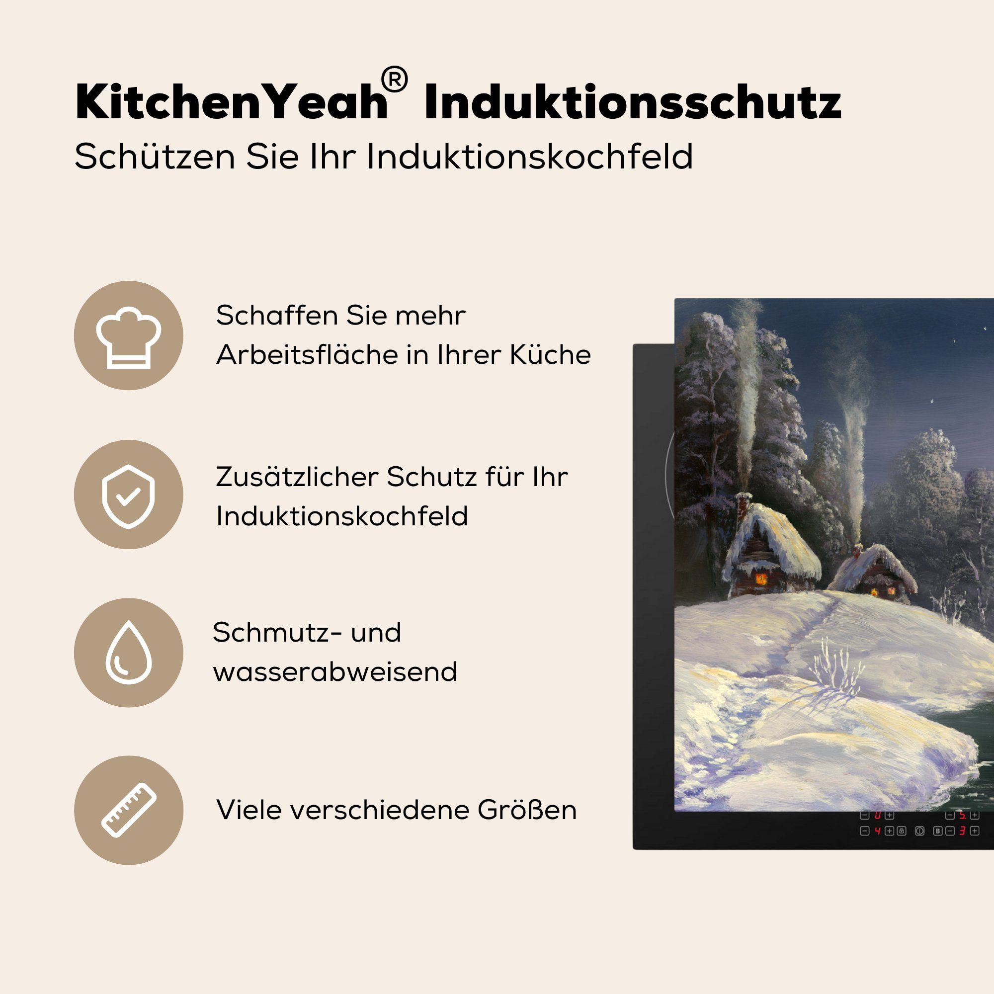 Malerei, Ceranfeldabdeckung, Winter Herdblende-/Abdeckplatte Haus Vinyl, Mond cm, tlg), - - küche - 83x51 (1 für Arbeitsplatte MuchoWow