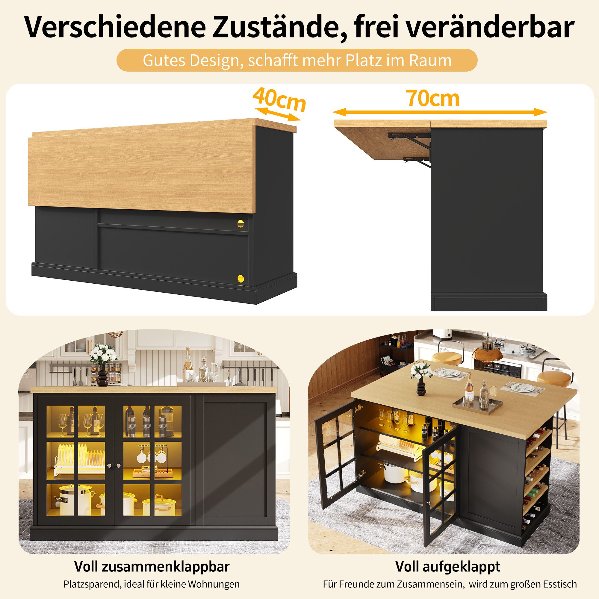 Flieks Kücheninsel mit klapparen Arbeitsplatte in Holzoptik und LED-Beleuchtung, (B120/H90/Tiefe 40-70cm), Multifunktionaler Küchenschrank mit Glastüren und seitlichen Weinregal
