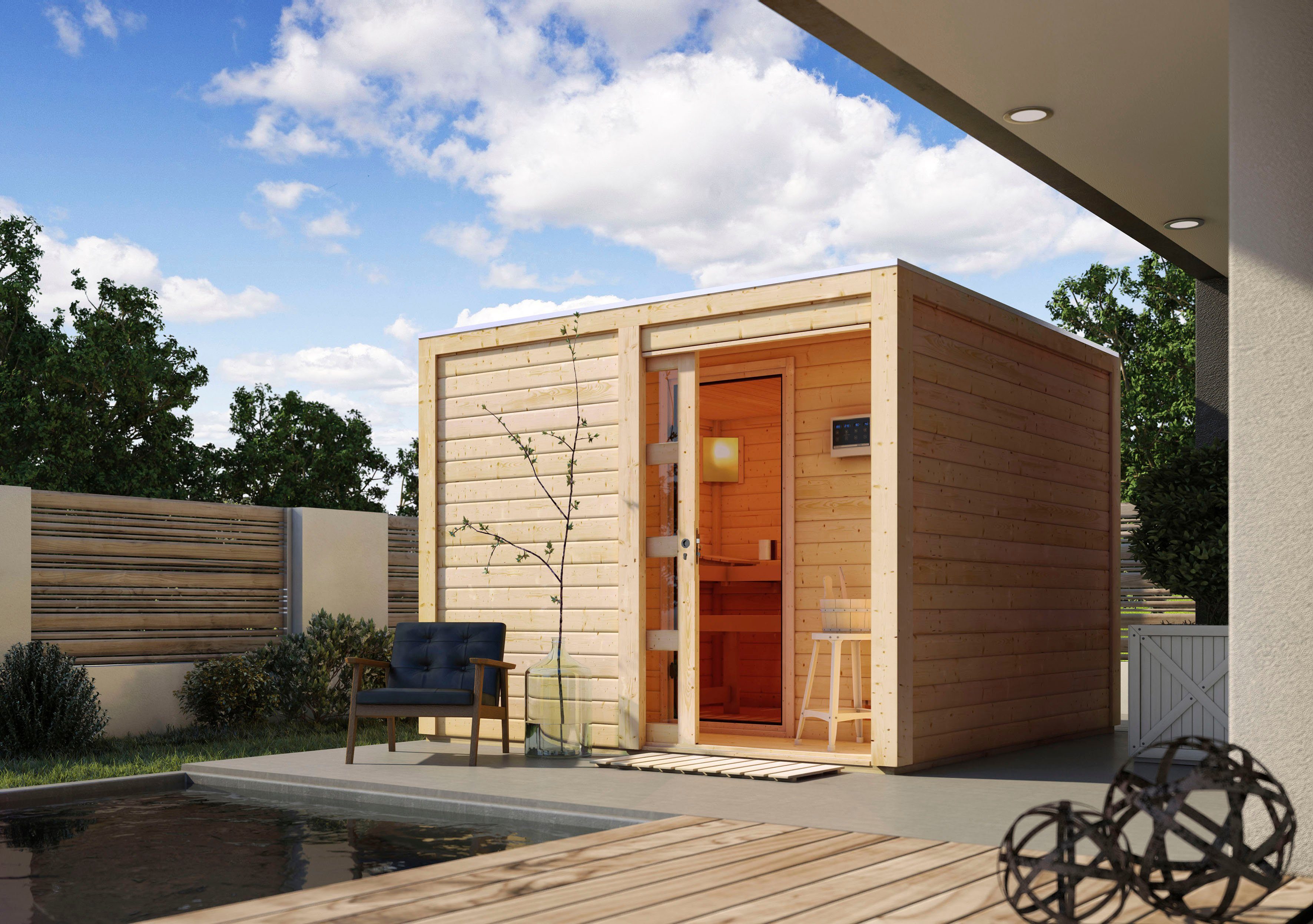 KONIFERA Saunahaus Ruben, BxTxH: 276 x 276 x 210 cm, 38 mm, (Set) Ofen 9 kW Bio externe Strg easy