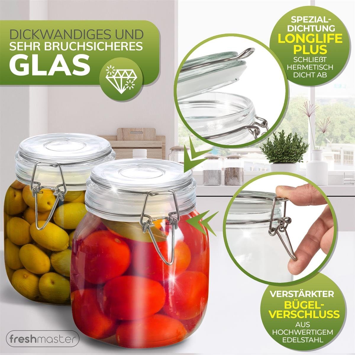 Fresh Master Einmachglas Vorratsgläser mit Drahtbügel-Verschluss, Glas,  (6-tlg), mit Bügelverschluss