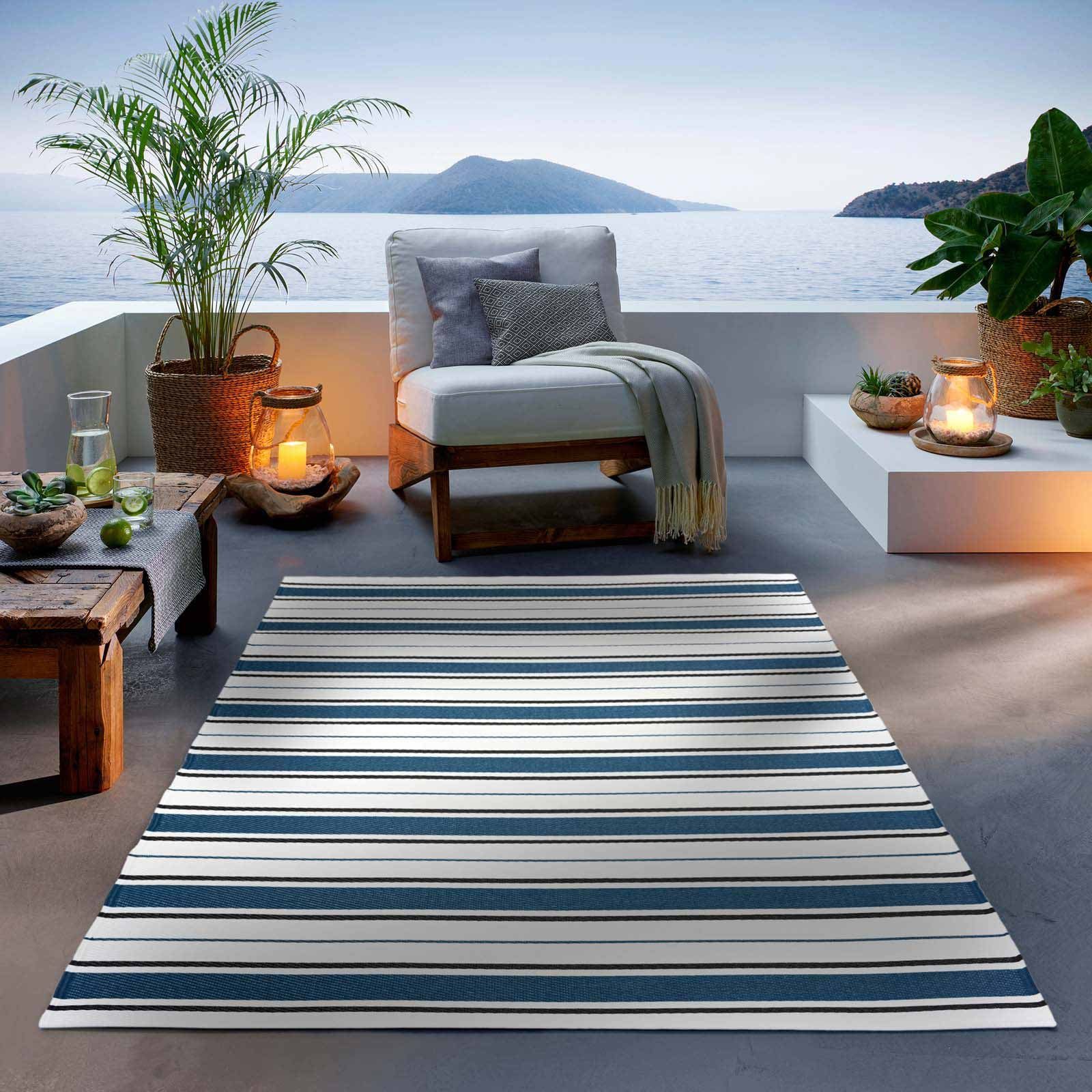Teppich Outdoor & Indoor Teppich, TaCa Home, rechteckig, Höhe: 3 mm, Terrasse Balkon Garten Wohnzimmer Küche, Blau - 80 x 150 cm Blau Streifen