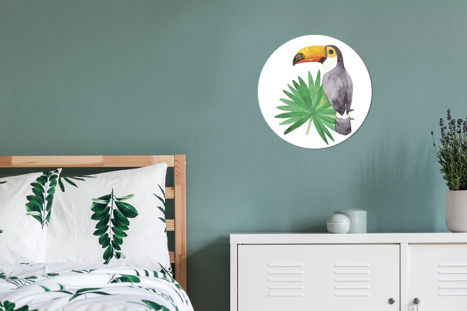 Wanddekoration eines Tukans MuchoWow Kreis auf Wohnzimmer, einem (1 Forex, Gemälde dunkelgrünen Eine Rundes Wandbild, Illustration cm 30x30 Blatt, St),