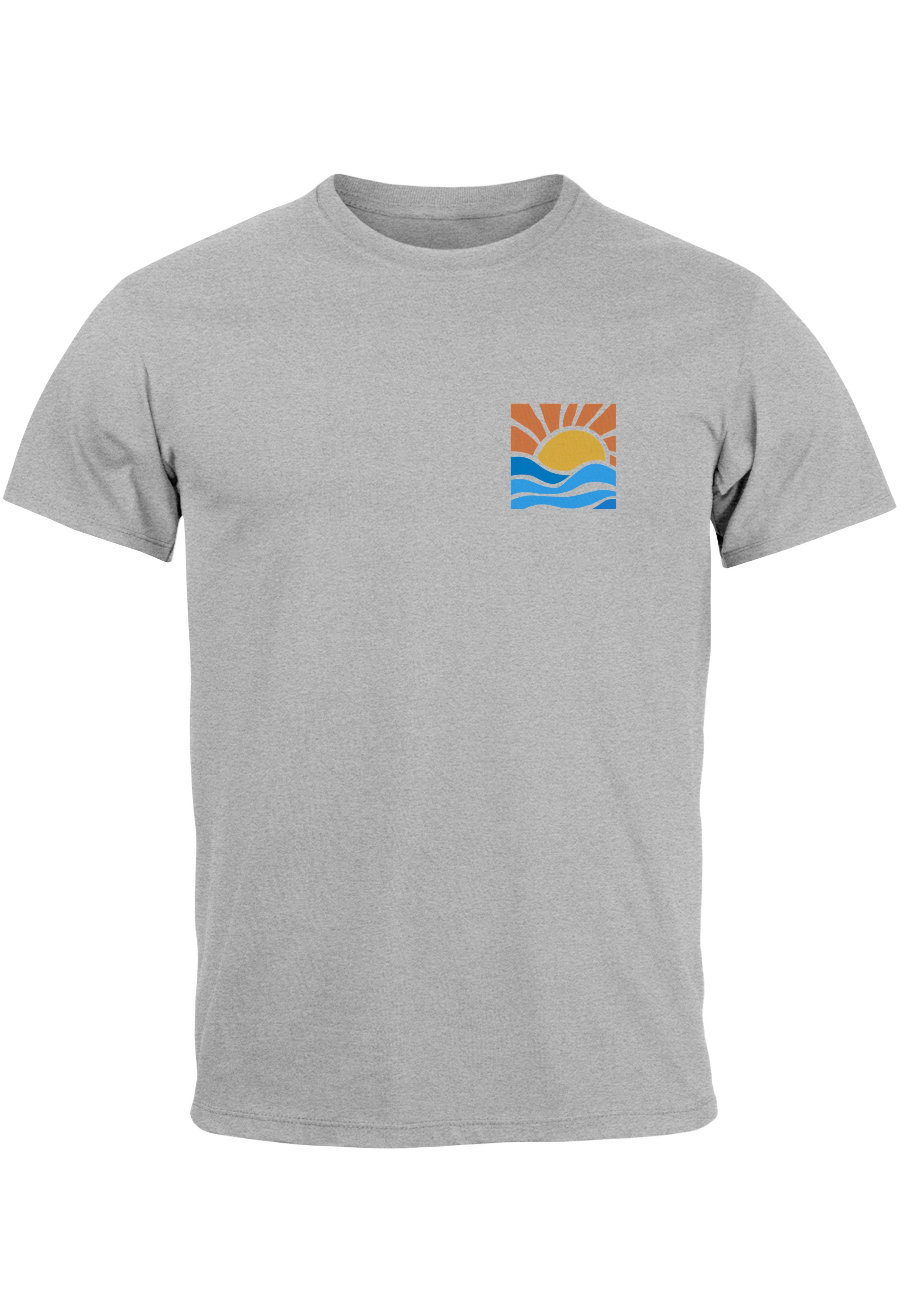 Neverless Print-Shirt Herren T-Shirt Logo Print Fashio grau Welle Sonne Sommer Beach mit Print Style Strand