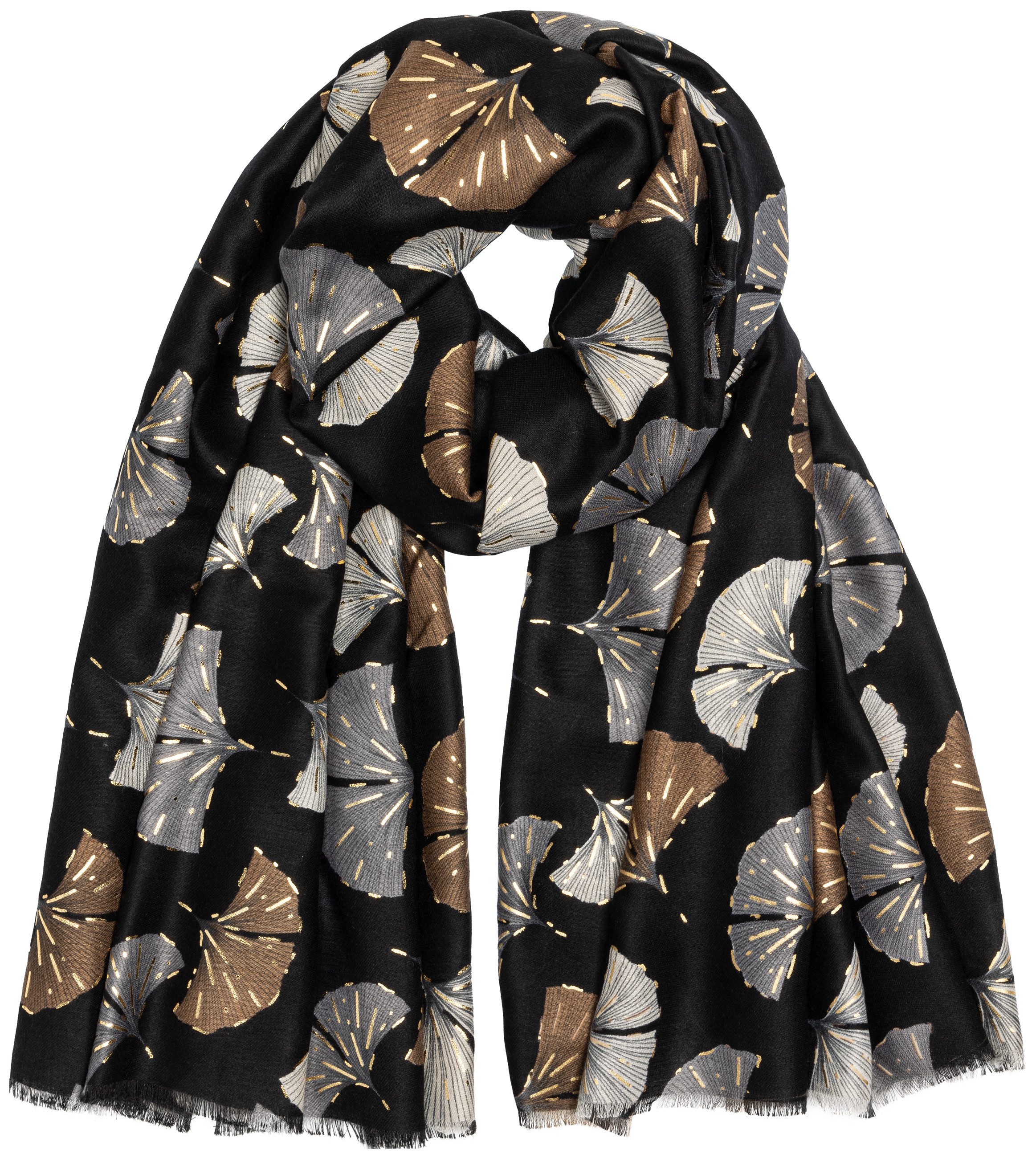 Caspar Modeschal SC516 Damen Schal mit Ginko Blatt Print und goldenen Akzenten