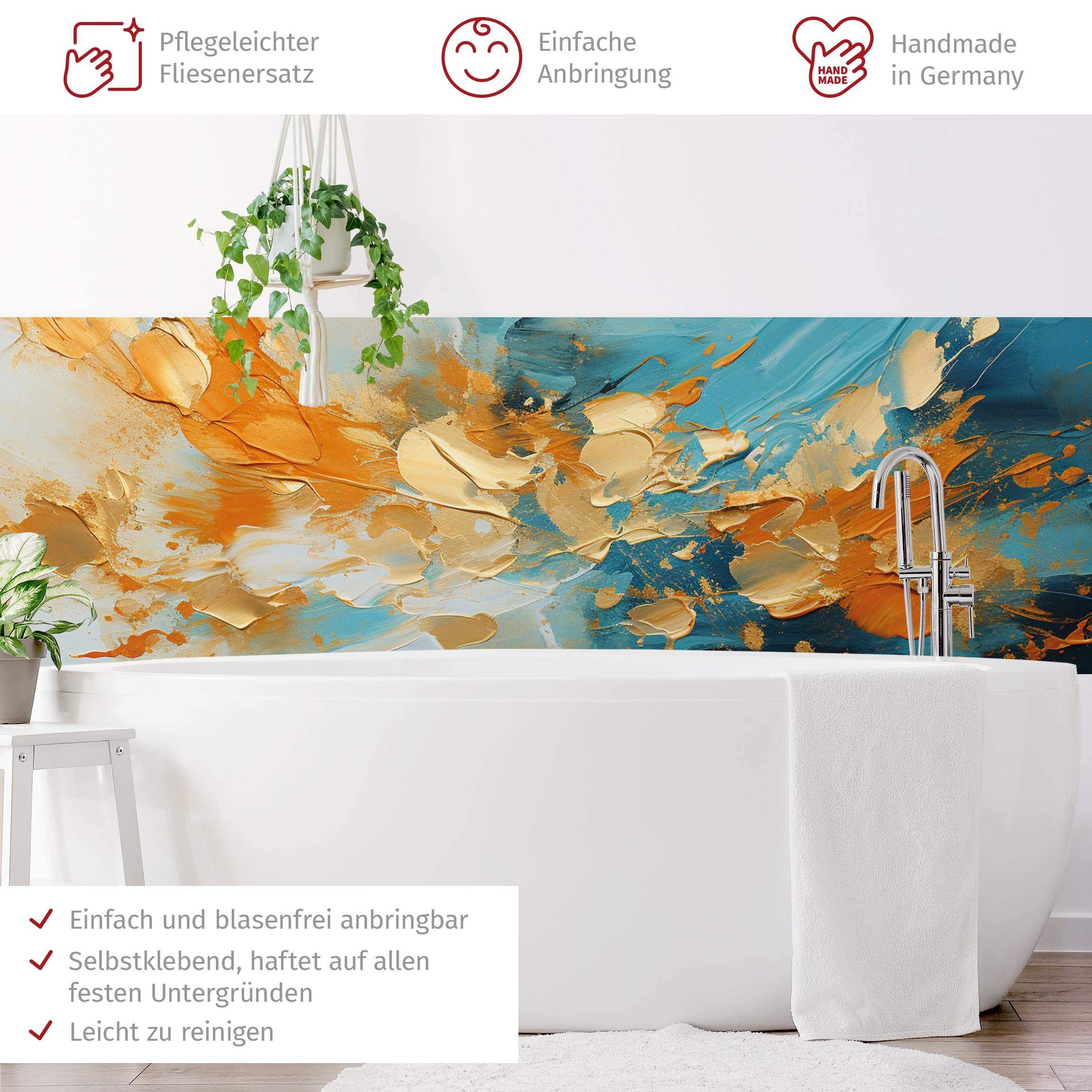 Bilderdepot24 Badrückwand gold fugenlose Wandverkleidung Bad Abstrakt, (Hartfolie matt » Selbstklebend SMART 0,35 mm), wasserfestes Wandpaneel Impasto Türkis Ocker