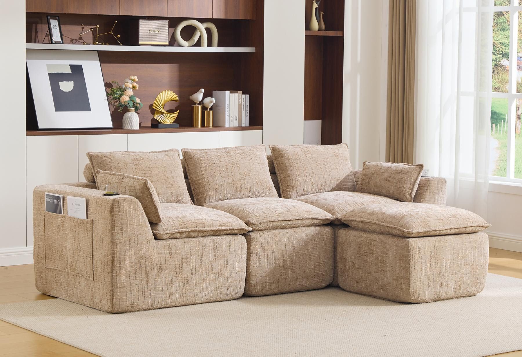 LVHOM Loungesofa Modulares Schlafsofa, Cord/Chenille, Getränkehaltern & Seitentaschen, 3-/4-Sitzer mit Hocker,große Kissen, kleine Kissen 9 Teile, Wohn-/Gästezimmer als Chaiselongue, Gästebett, Liegebereich, Spielbereich