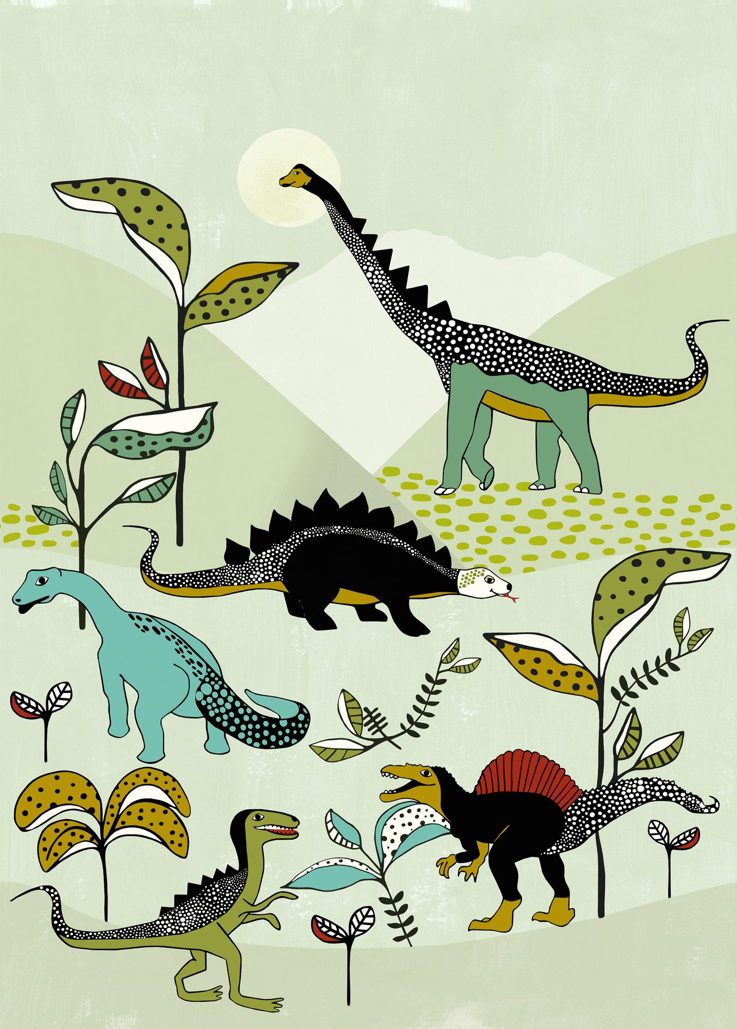 Rasch Fototapete Kinderzimmer Dinosaurier in Grün - 2,8m x 2,0m, strukturiert, Comic, (1 St), Dinos