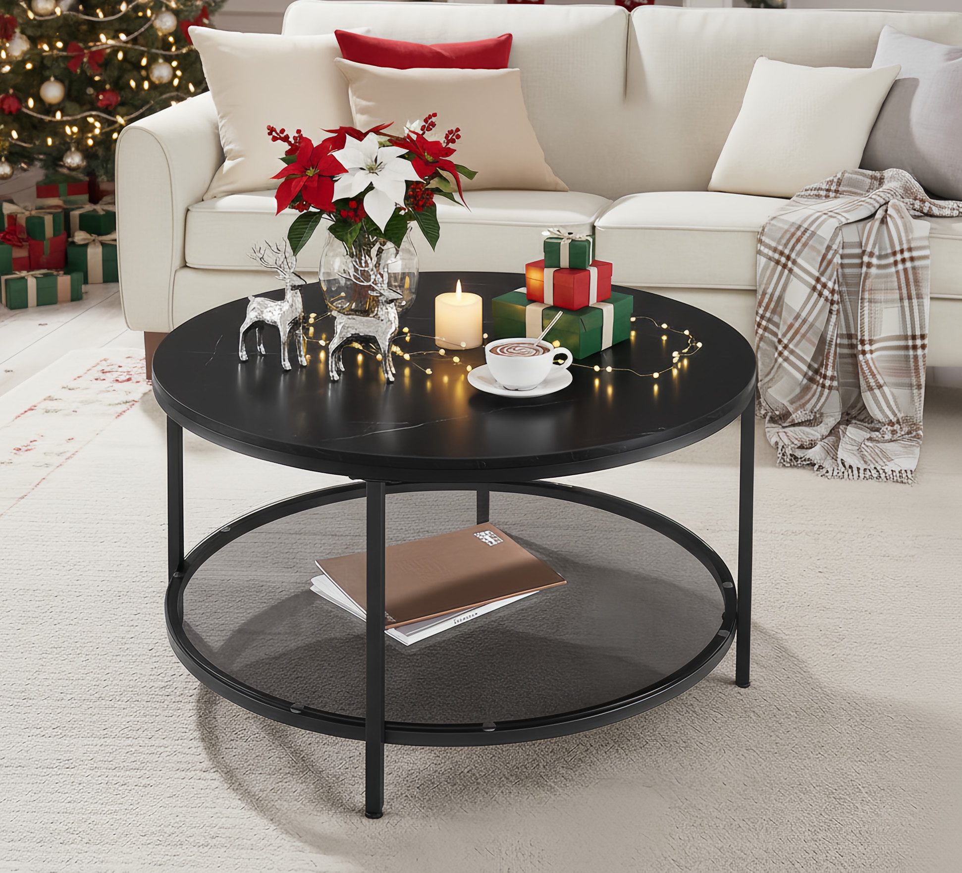 VASAGLE Couchtisch, Beistelltisch, Ø 65/80 x 46cm, Marmoroptik, Hartglasablage unten