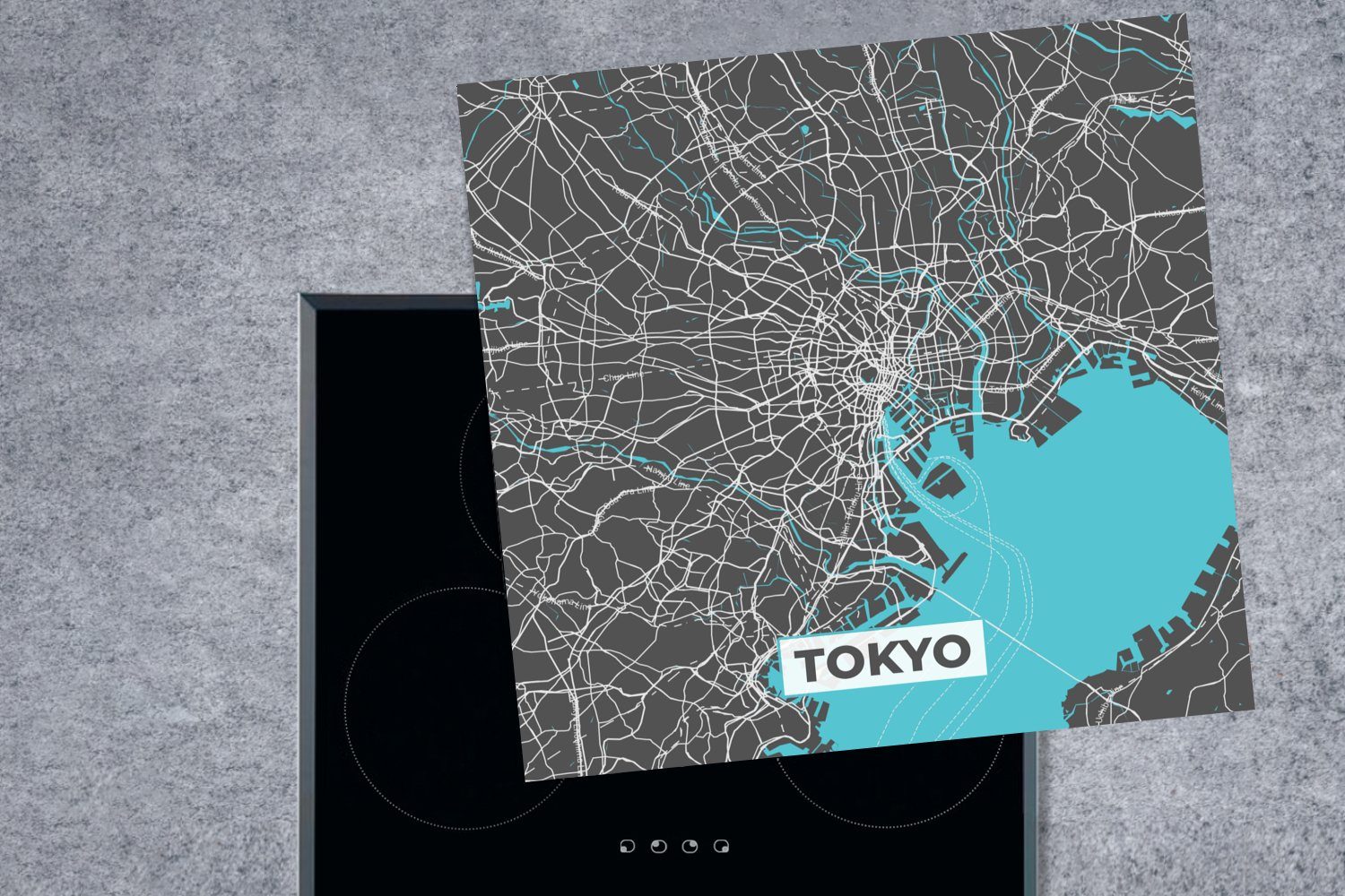 - MuchoWow - (1 für Karte, Herdblende-/Abdeckplatte - Stadtplan Blau Tokio Ceranfeldabdeckung, tlg), Arbeitsplatte küche Vinyl, 78x78 cm,