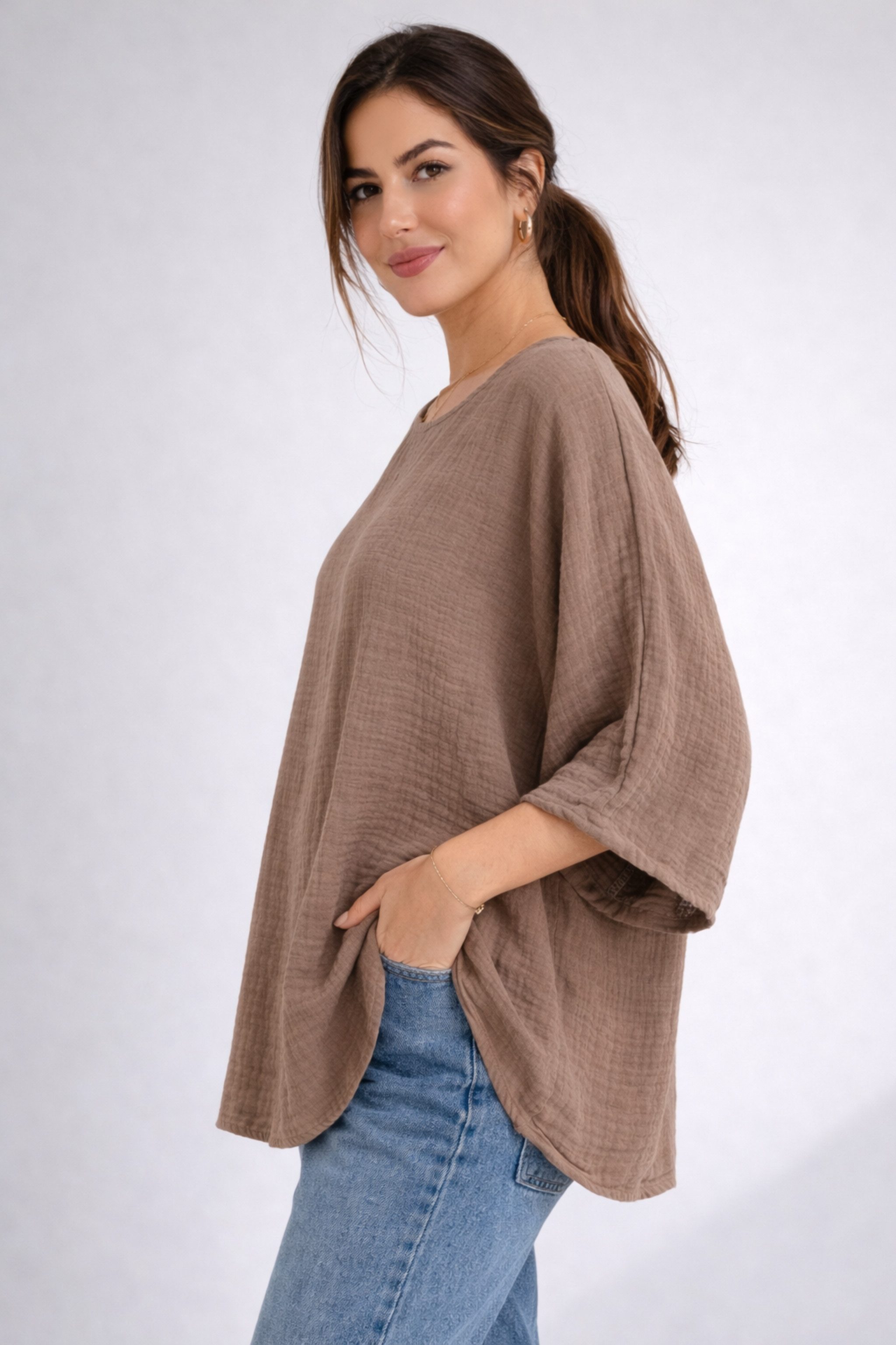 WENOR Blusentop Damen Musselin Oversize Bluse Fledermausärmel lockerer Schnitt, weiter Fall, luftige Sommer Tunika – Bild 4 von 4