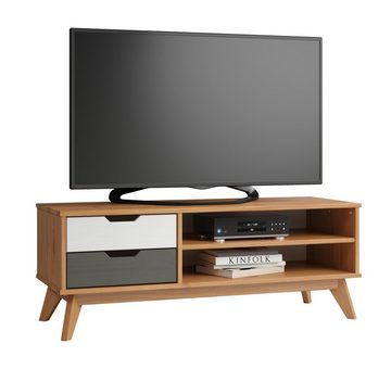 möbelando TV-Board Sandvika, TV-Lowboard im skandinavischen Design aus Kiefer Massivholz in Honigfarben lackiert, Absetzungen in Weiß und Grau mit 2 Schubkästen und 2 offenen Fächern. Breite 110 cm, Höhe 42 cm, Tiefe 40 cm