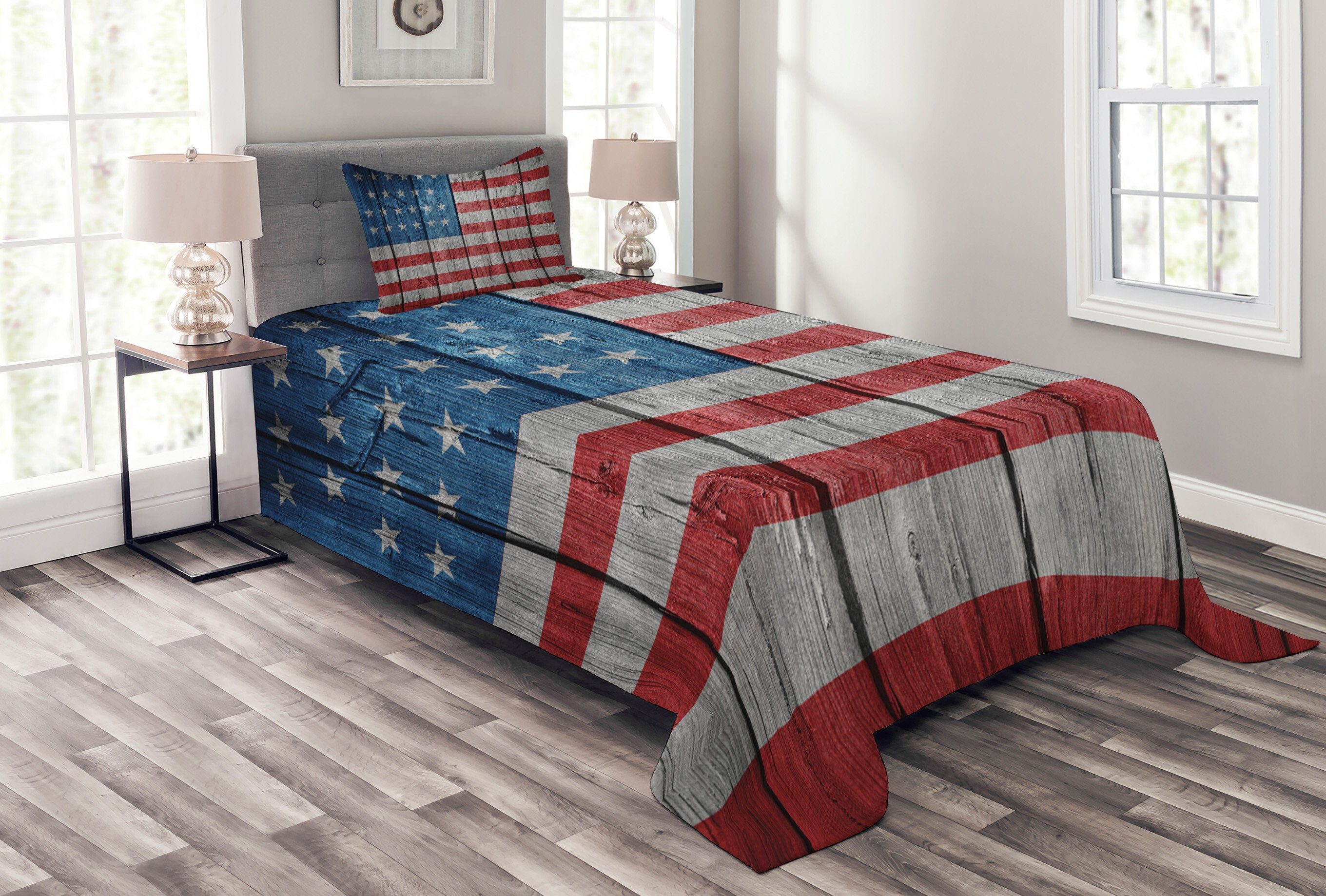Tagesdecke Set mit Kissenbezügen Waschbar, Abakuhaus, Retro Abgenutzte Stil amerikanische Flagge