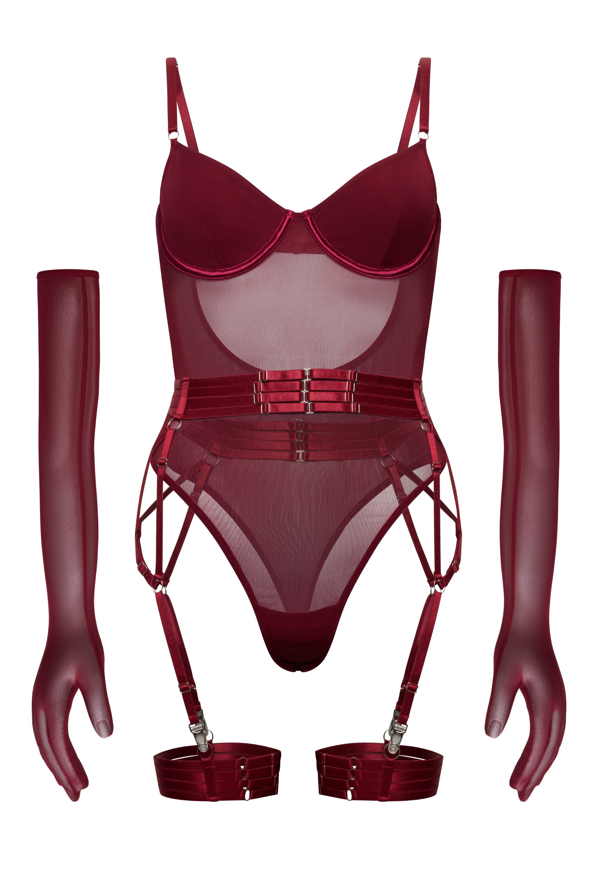 Elegant Love Body Sexy Bodysuit, Reizwäsche mit Bügelcups und Strapsbändern (Set, 4-tlg., Body mit Straps, Taillenband und Handschuhen) Sinnliche Lingerie – Dessous-Set für besondere Momente