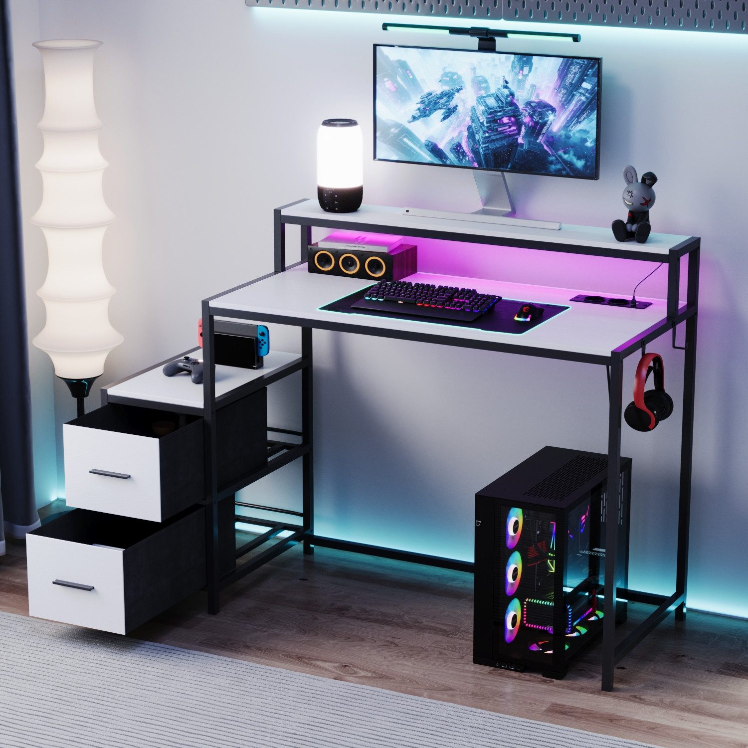 FUFU&GAGA Schreibtisch Gaming Schreibtisch LED 24 Farben Computertisch mit Stoffschubladen