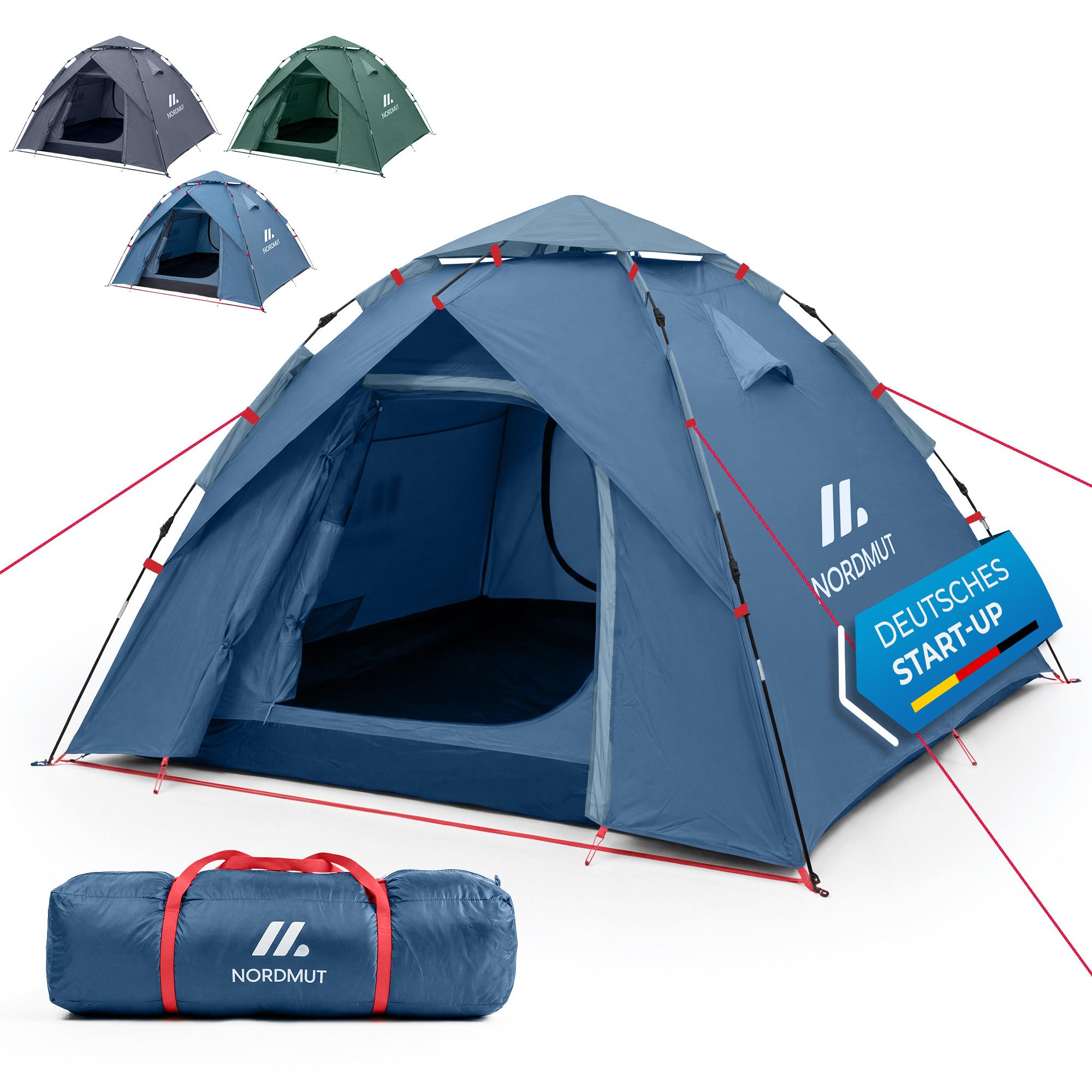 Nordmut Wurfzelt Pop-up Campingzelt 2-4 Personen 230x230 cm wasserdicht 5000 mm, Personen: 4 (Campingzelt mit Fiberglas Gestänge & versiegelten Nähten, wasserdicht mit Moskitonetzen & Belüftung), Festivalzelt mit Sekunden Aufbau & kompaktem Packmaß