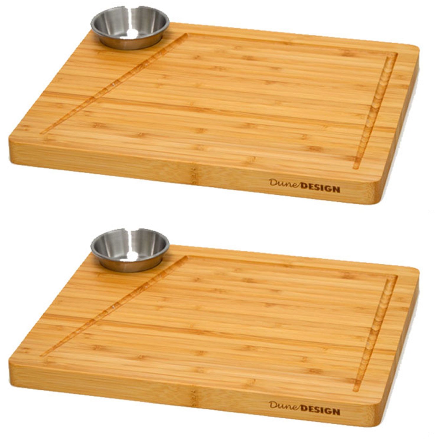 DuneDesign Schneidebrett 2er Set Bambus Servierbrett - 30x25 Brett mit Saftrille & Dip-Schalen, Bambus, (2-St), Holz Steakbrett - Servierbrett Messerschonend & pflegeleicht