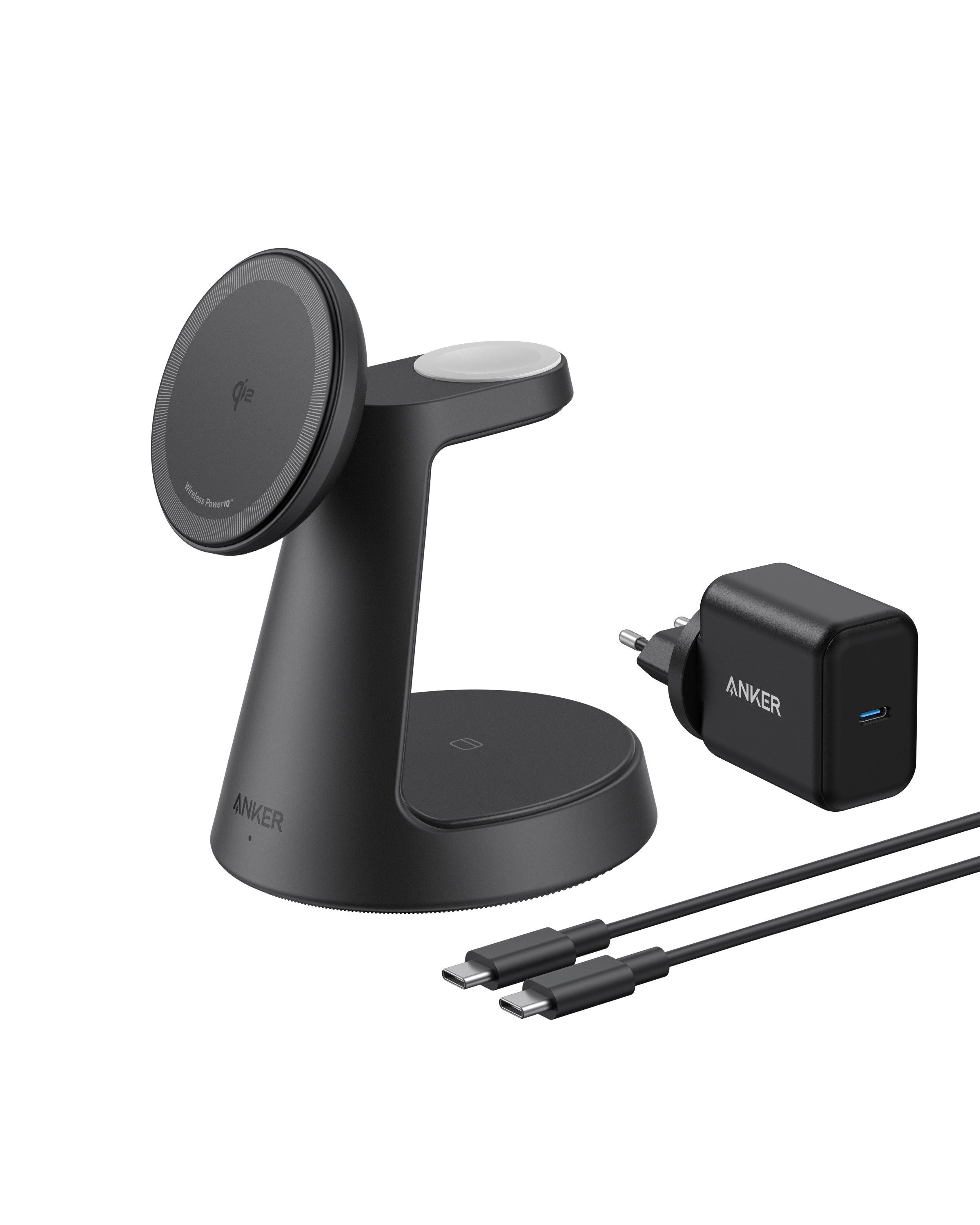Anker Anker MagGo 3-in-1 Ladestation Qi2 15W MagSafe kompatibel Ladegerät Induktions-Ladegerät (Set, kabellose Ladestation, 40W USB-C Adapter, 1,5m USB C auf USB C Kabel, iPhone Induktive Ladestation, Wireless Charger für iPhone und mehr)