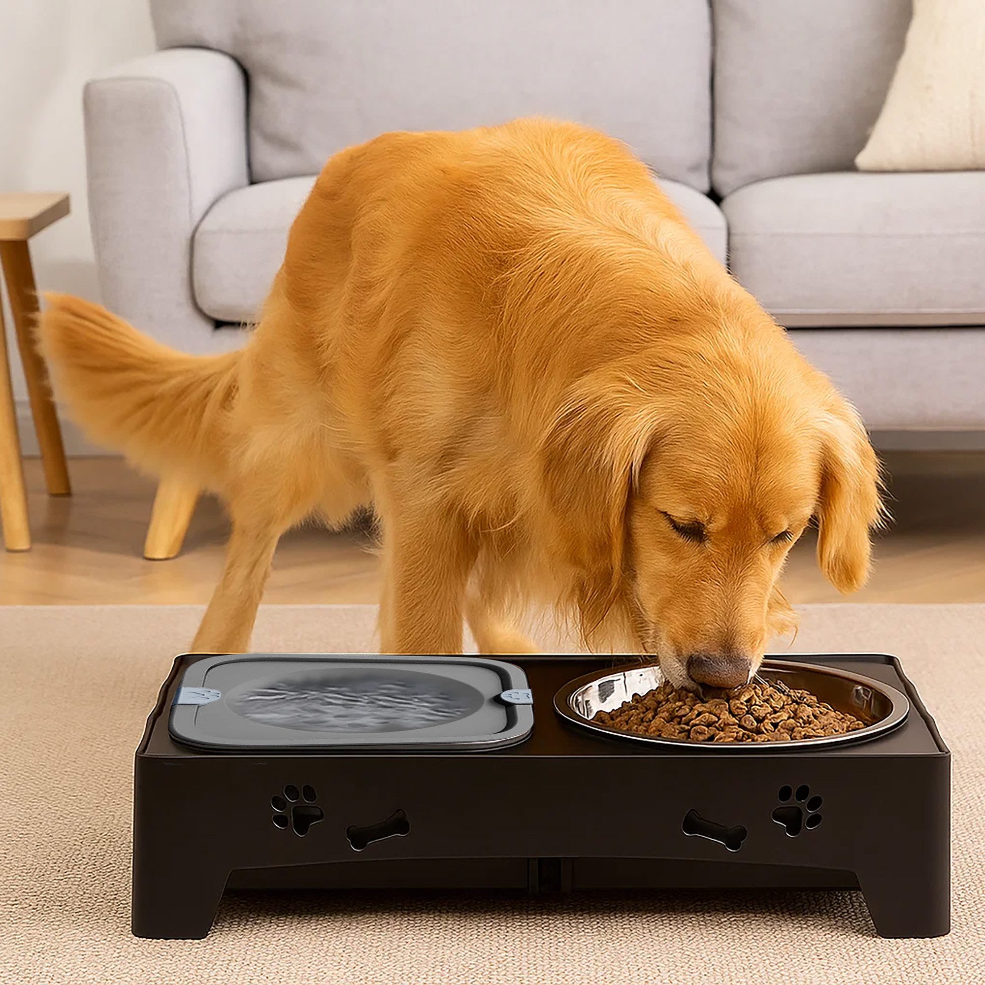 CALIYO Futternapf Adjustable Elevated Dog Bowls Raised Dog Bowl 5 Heights, Edelstahl, 2-in-1 Auslaufsicherer Wassernapf und Edelstahl-Futternapf