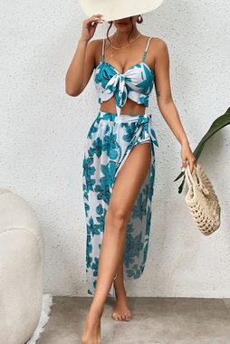 Orient Phoenix Tankini Bedrucktes 3-teiliges Rüschen-Bikini-Wickelkleid-Set für Damen Sommerliches, bauchkontrollierendes, einteiliges Badeanzug-Bikini-Set
