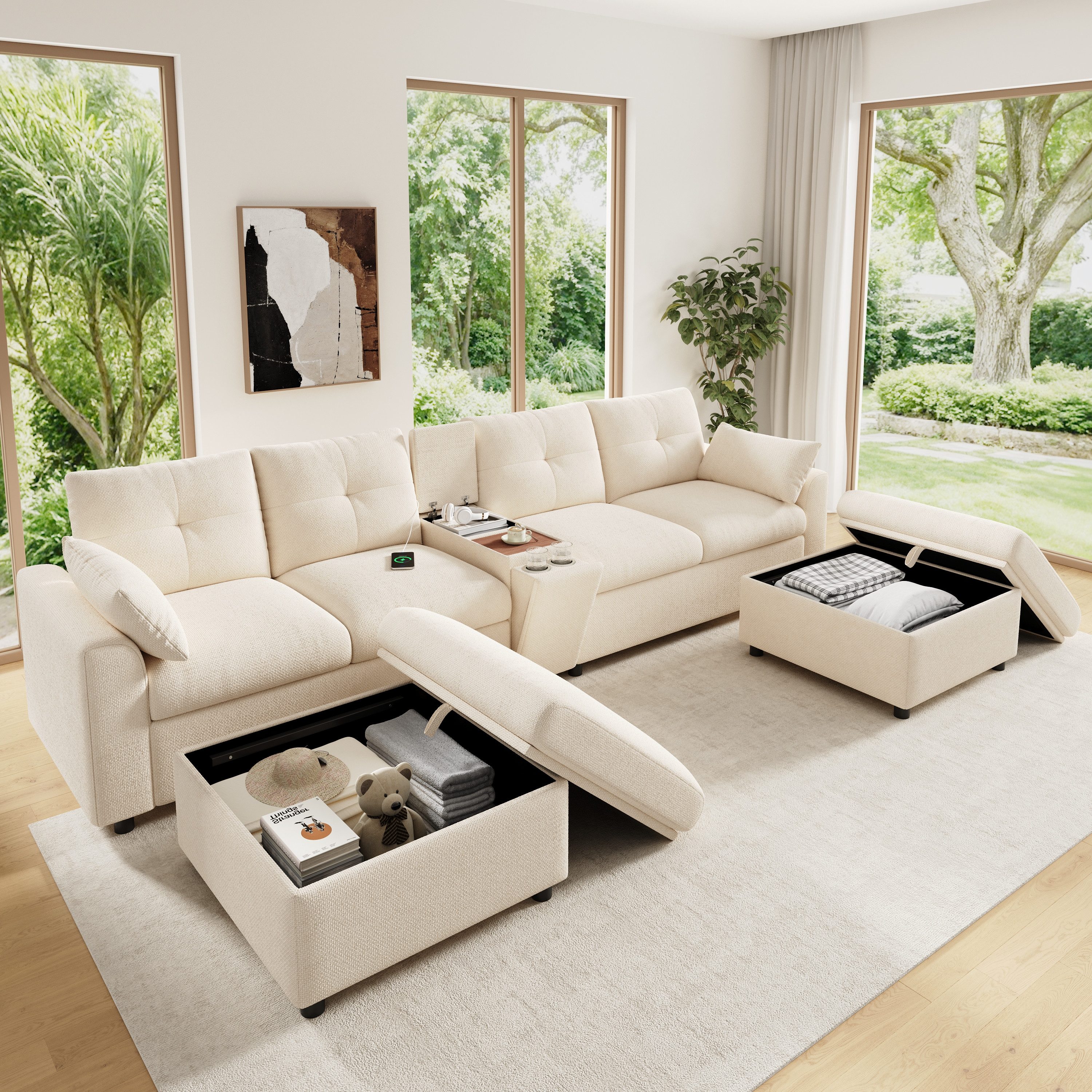 i@home Ecksofa Modulare Ecksofa Wohnlandschaft 6-Sitzer U-/L-Form, mit Ablagefläche,Staufach & versenkbaren Getränkehaltern, Beige