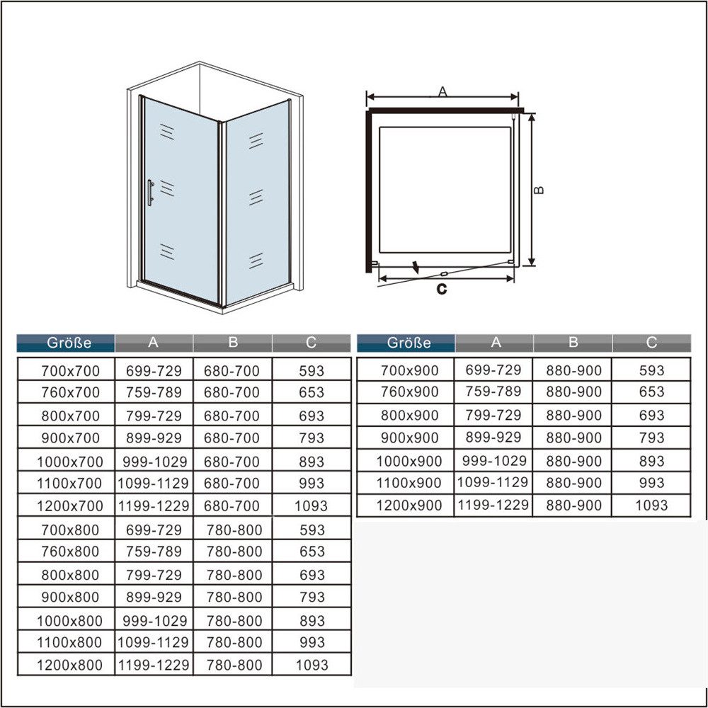 AICA Dusch-Einflügeltür 195cm Drehtür Nano ESG Klarglas Duschtür mit Seitenwand Duschkabine, 70x195 cm, (Set) NanoGlas