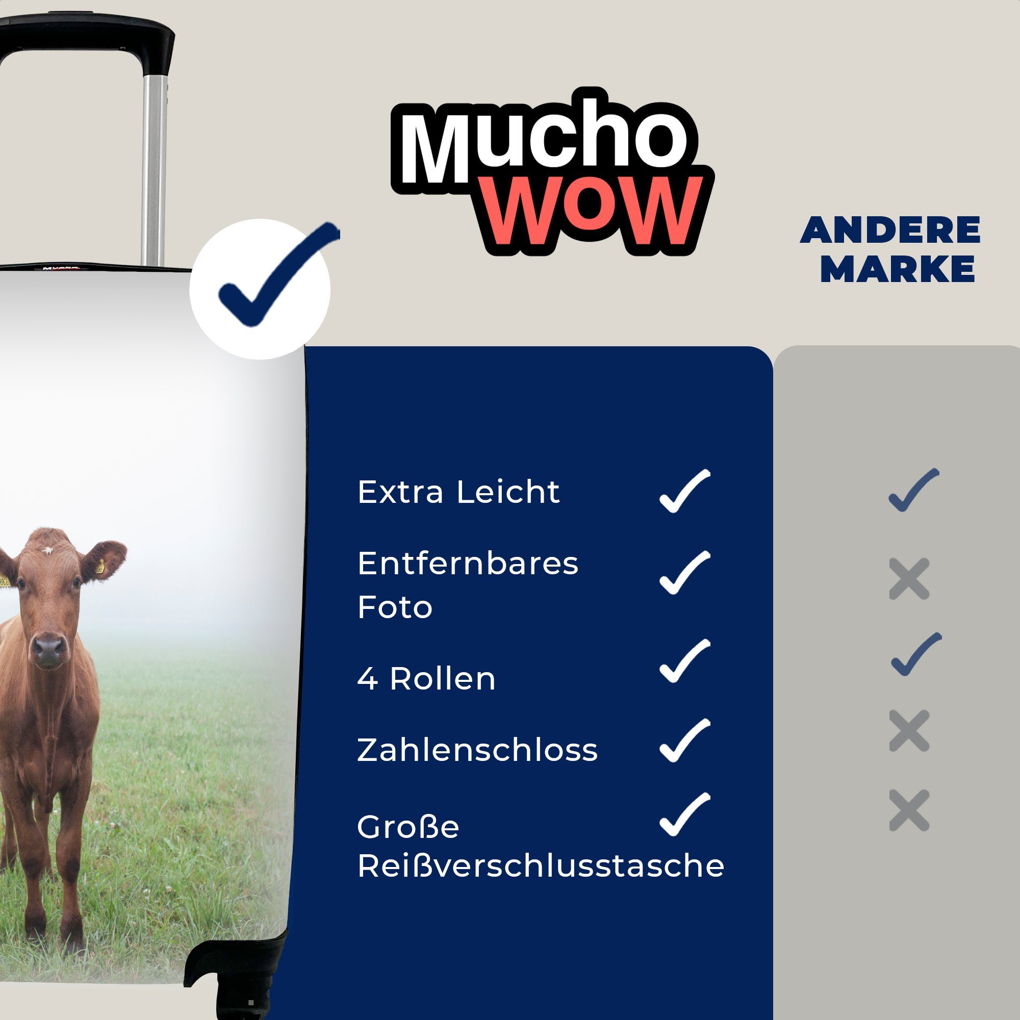 Handgepäck Trolley, Rollen, Reisekoffer Gras, Nebel mit MuchoWow Handgepäckkoffer Kuh rollen, Ferien, 4 - Reisetasche - für