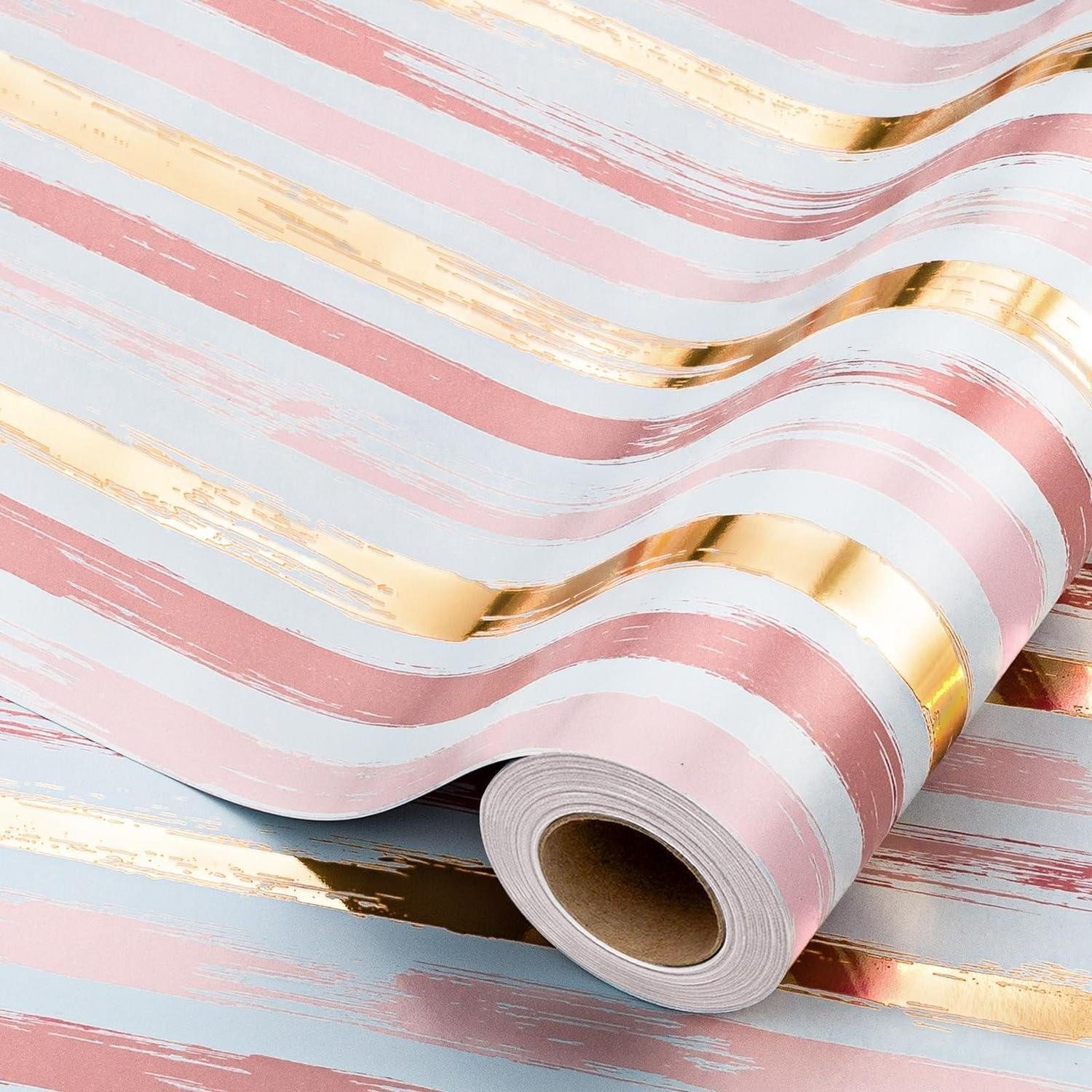 LuxusKollektion Geschenkpapier Geschenkpapier Rolle Rosa Goldfolie Streifen 43x10m
