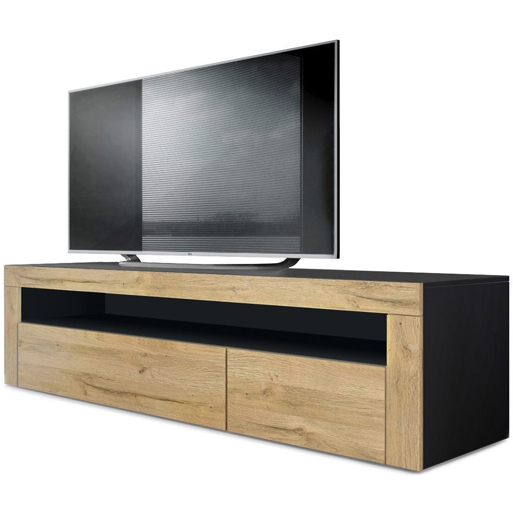 Vladon Lowboard Valencia (TV-Kommode, mit 1 offenem Fach und 2 Klappen), Schwarz matt/Eiche Natur/Eiche Natur (155 x 46 x 40 cm)