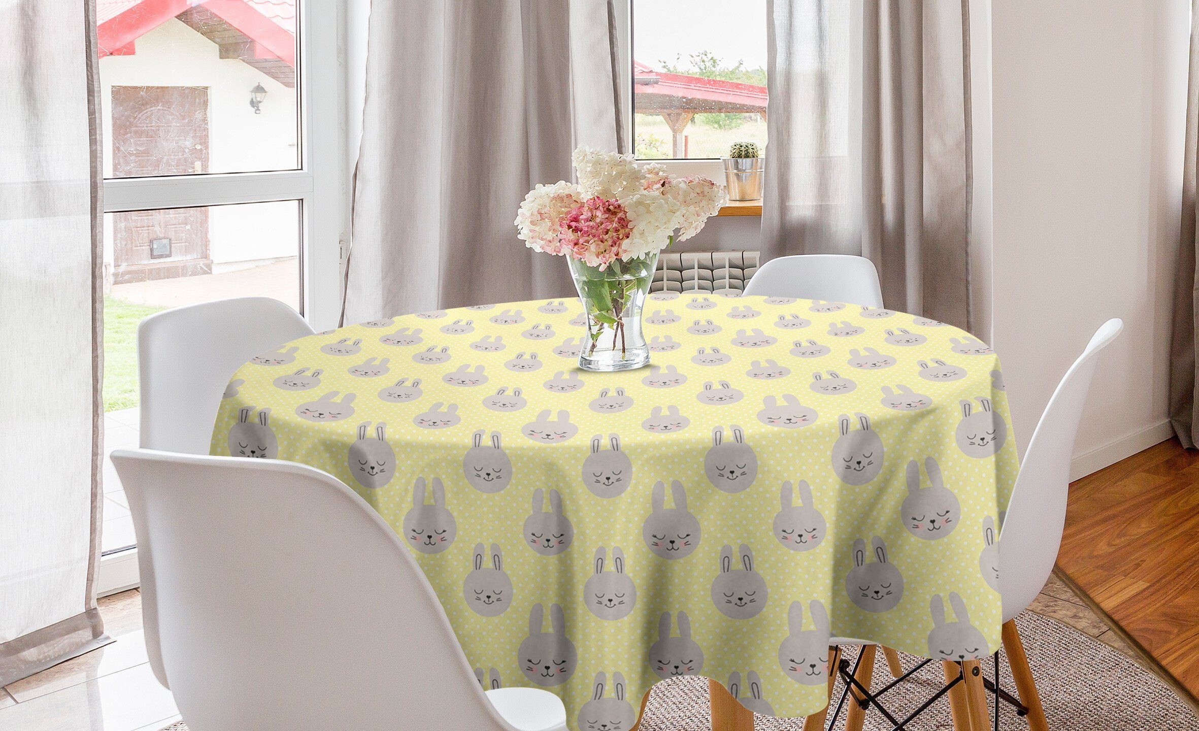 Abakuhaus Tischdecke Kreis Tischdecke Abdeckung für Esszimmer Küche Dekoration, Gelbe Punkte bunny Faces