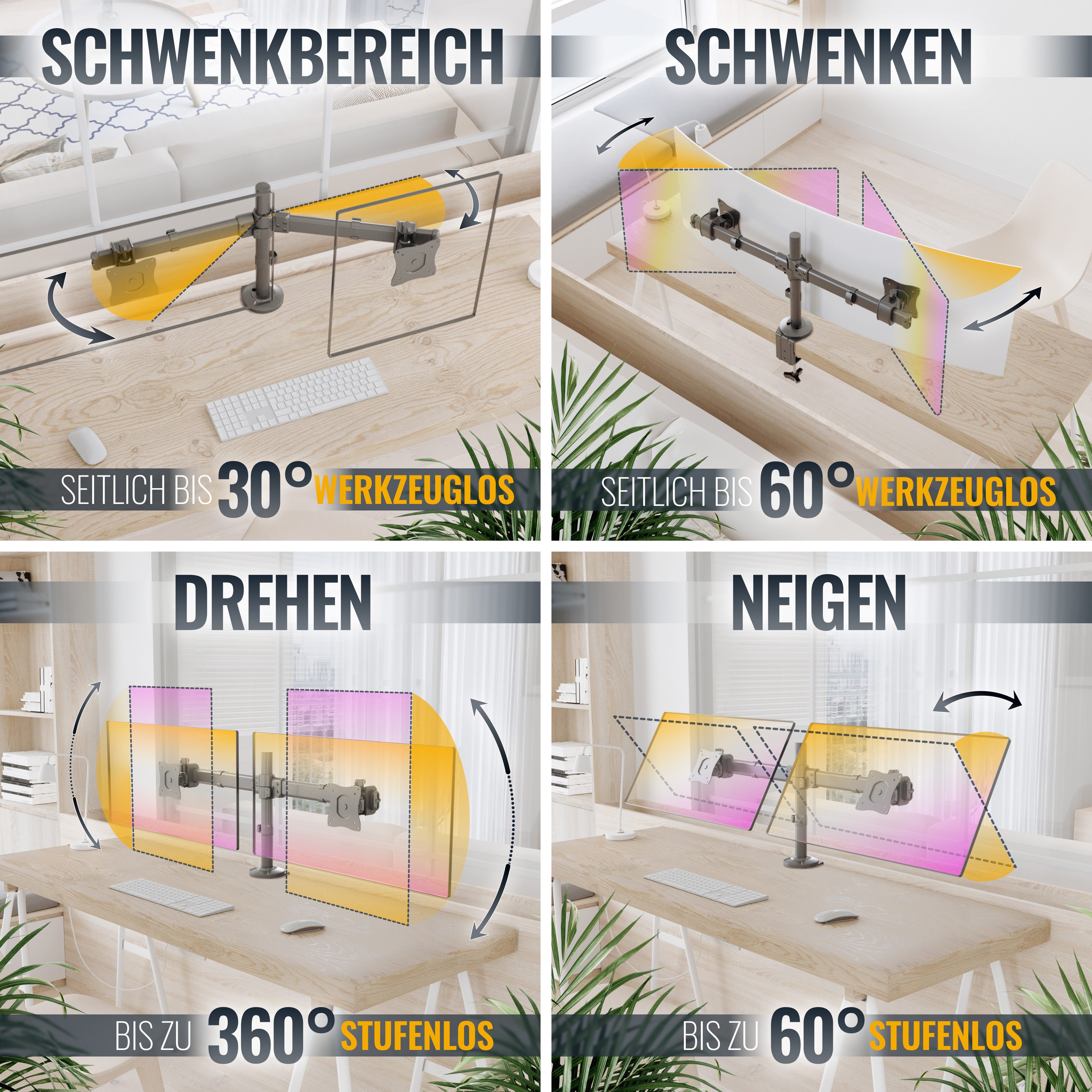 RICOO Monitor-Halterung Monitor Tischhalterung höhenverstellbar, für 2 Monitore TS6211, (bis 27 Zoll, VESA 75x75 und 100x100, 1-tlg., 8 kg pro Frontplatte, von 33-68 cm (13"-27) Bildschirm-Diagonale, neigbar bis 30°, schwenkbar bis zu 60°, vertikal verstellbar)