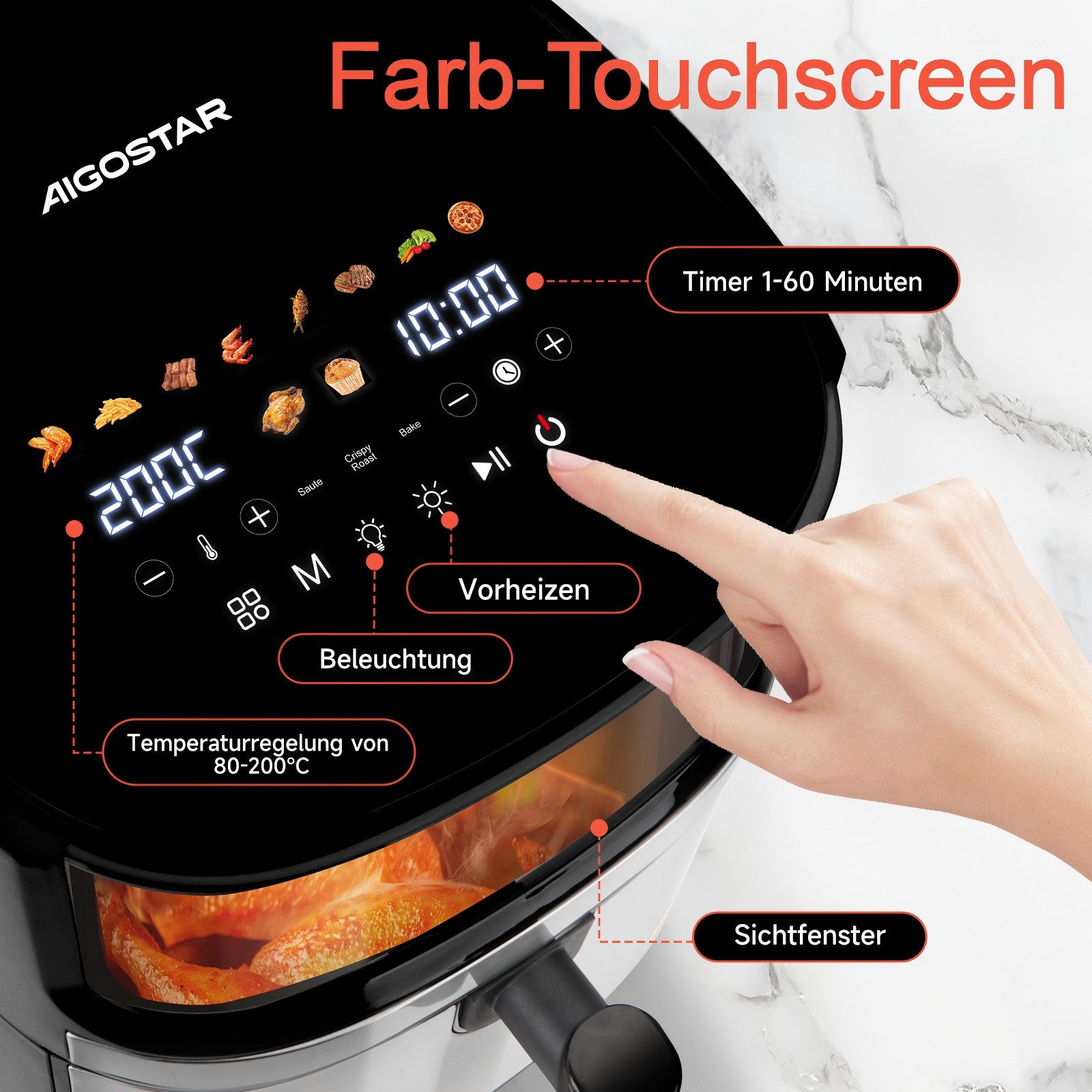 Aigostar Heißluftfritteuse Dual Blaze™ Heißluftfritteuse XXL, 8L Air Fryer 2000W mit Sichtfenster, 10 Programme, 3 Kochfunktionen, 2000 W, Sichtfenster, Digitalem Led Touchscreen, Spülmaschinenfeste Körbe