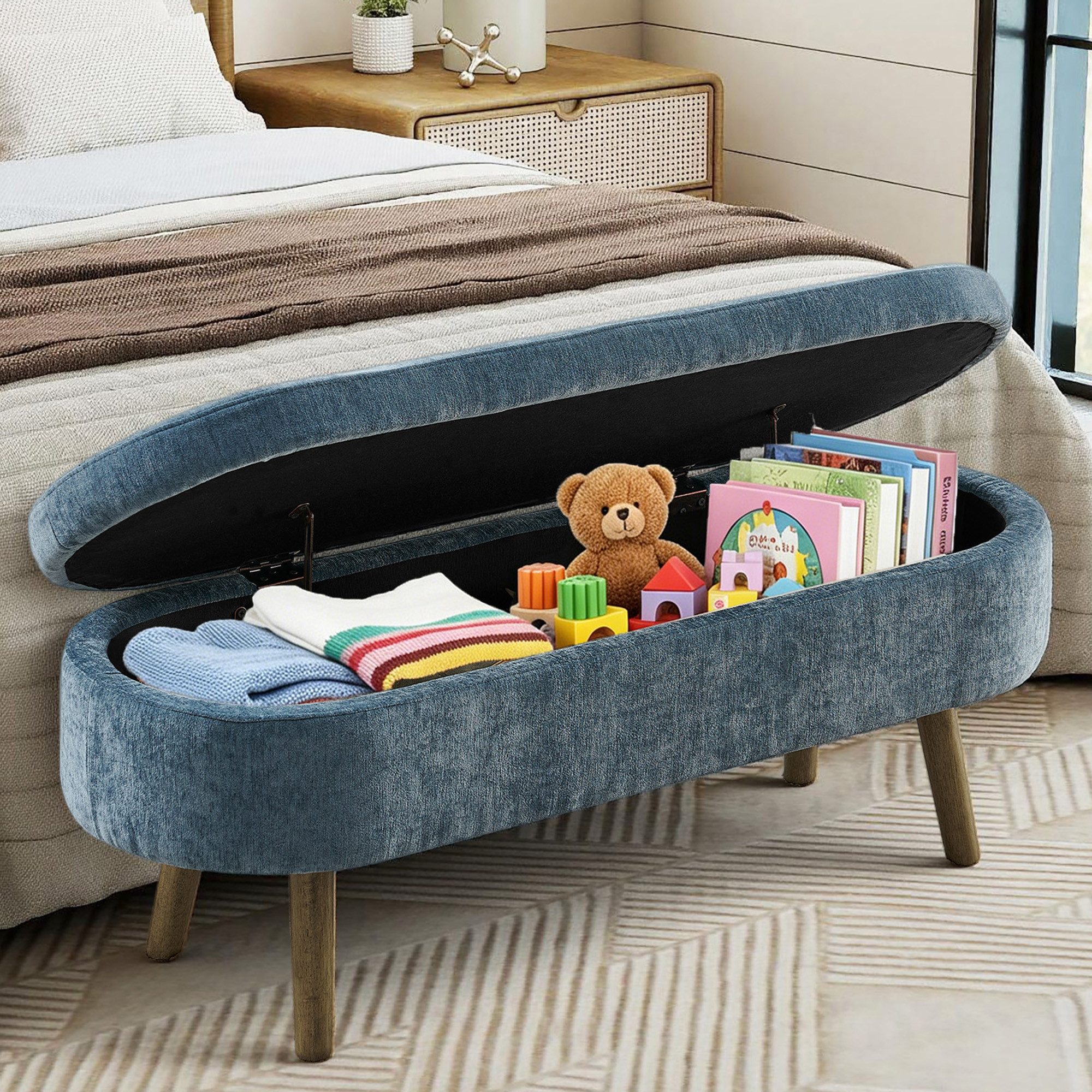 OKWISH Polsterbank 110x40x42 cm 20L Stauraum, Holzbeine & Massivholzrahmen (Packung, 1-St., Vielseitig als Schuhbank für Flur, Wohn- & Schlafzimmer), Aufbewahrungsbank 110x40x42cm in Blau (Chenille)