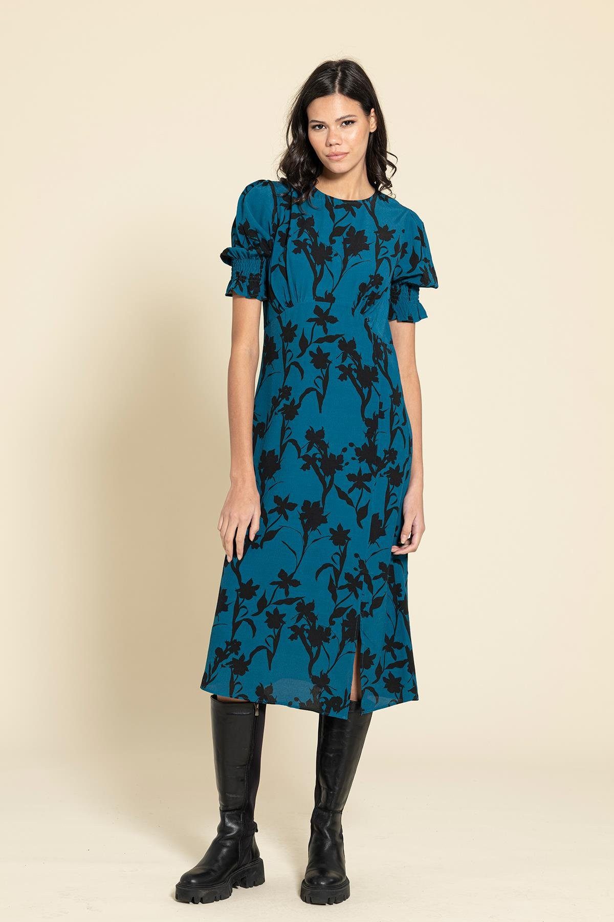 Midikleid Blumen Rüschen Schlitz Kleid