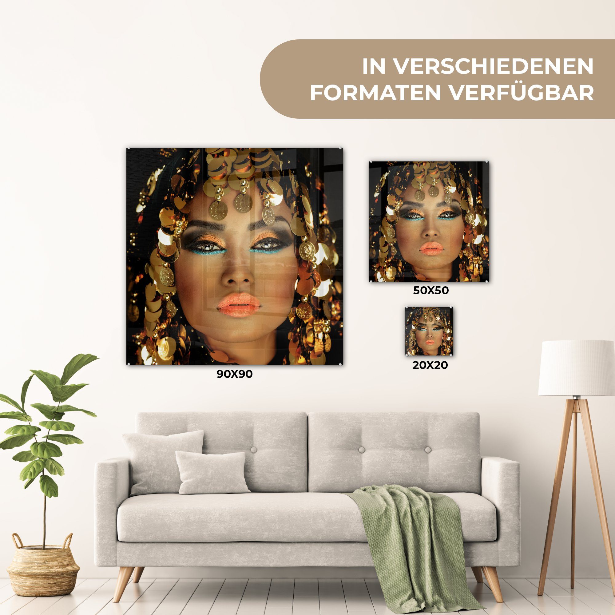 MuchoWow Acrylglasbild Frau - - Make-up auf Gold Schmuck Foto (1 Wanddekoration Kleopatra Glas bunt St), Luxus, auf - Glasbilder - Glas - Bilder - - Wandbild 