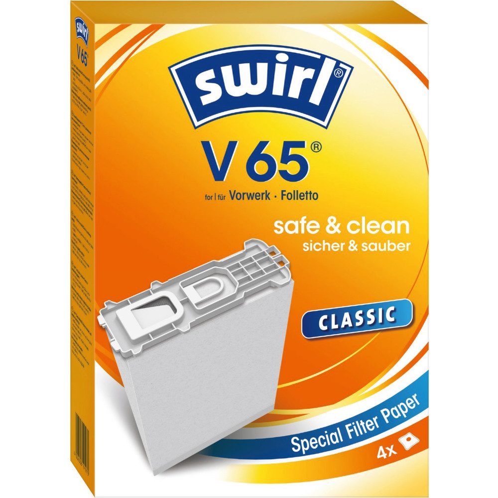 Swirl Staubsaugerbeutel Swirl V65 V 65, passend für Vorwerk Folletto Staubsauger, staubfreie Entsorgung dank DIRTLOCK®-Verschluss, 4 St., Optimale Passform, Leistung und Form exakt abgestimmt