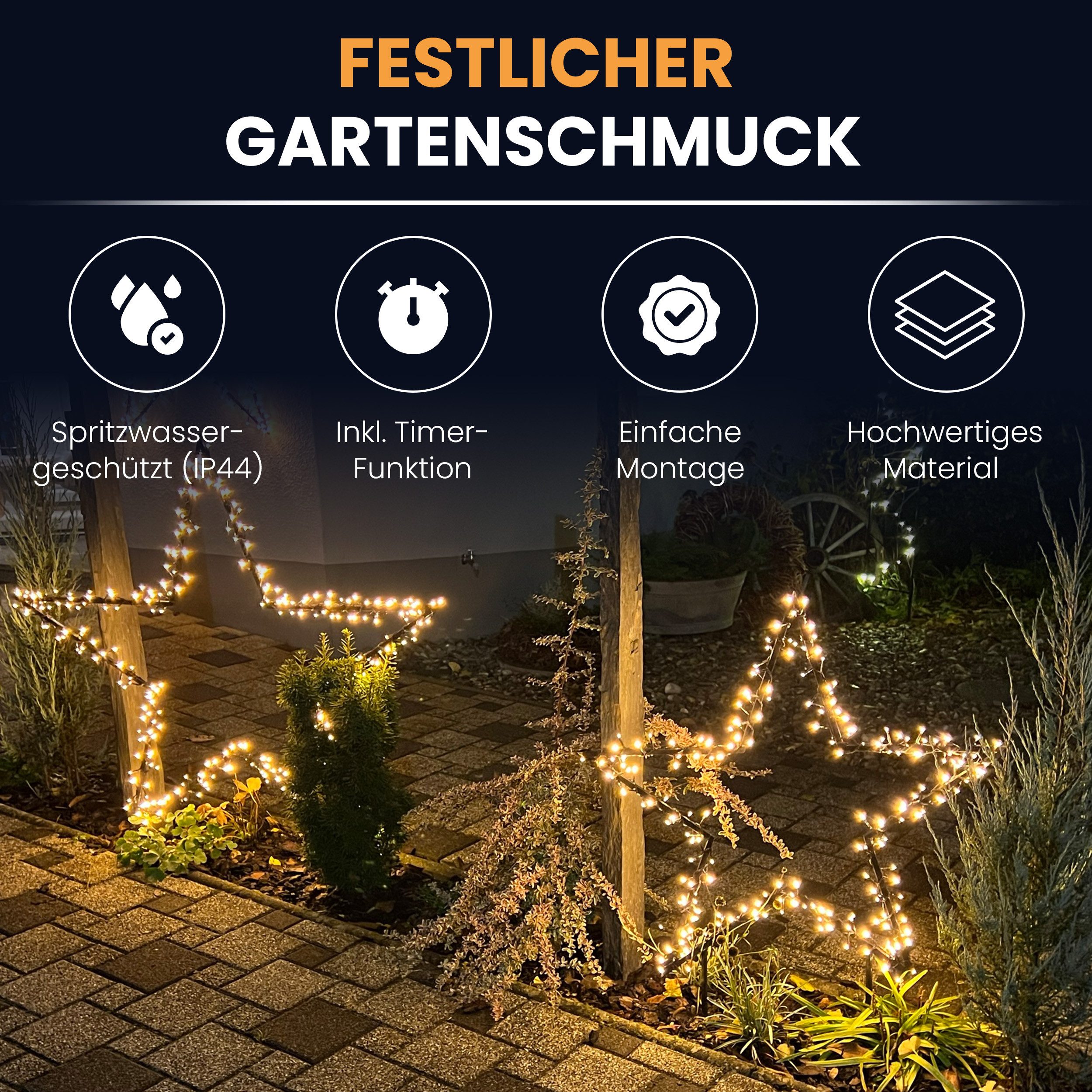 Gartenpirat LED-Stern für außen Gartenstern Ø 60-150 cm mit LED-Beleuchtung Weihnachtsdeko, LED Lichterkette, Warmweiß, Metall Rahmen schwarz; IP44 Adapter; 6/18Timer; 5m Kabel, schwarz