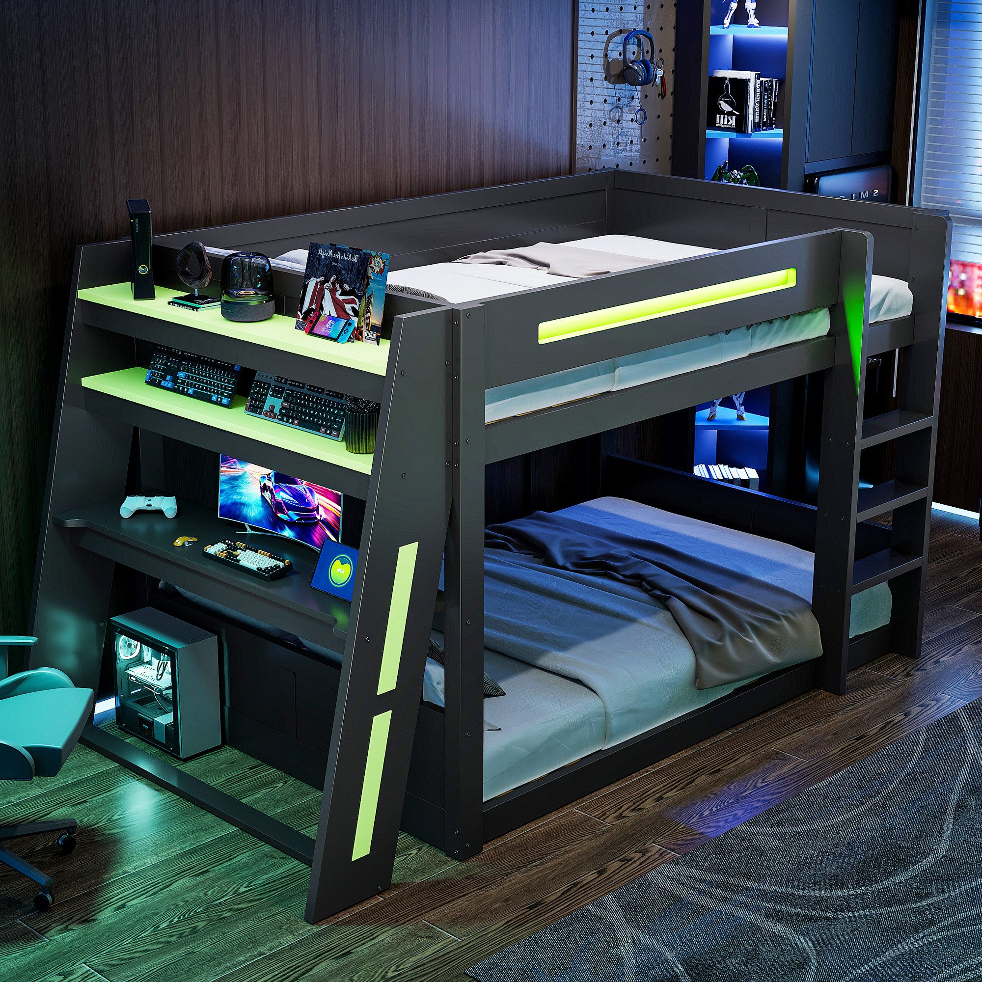Merax Etagenbett 140x200cm mit LED und USB (Hochbett Jugendbett Stockbett Gaming Bett, 1-St), Holz Kinderbett mit Arbeitsbereich, Leiter, Ablagefächern & Stauraum