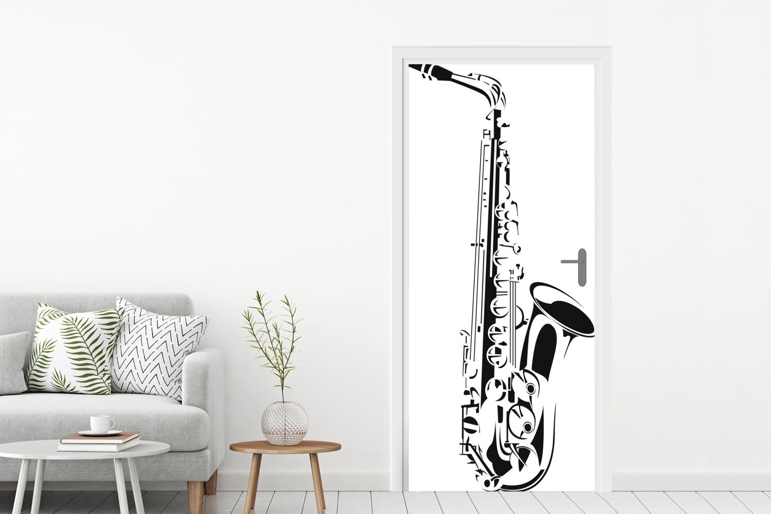 Schwarz-Weiß cm MuchoWow Saxophons, St), Türaufkleber, (1 Fototapete eines für 75x205 Matt, bedruckt, Tür, Detaillierte Illustration Türtapete in