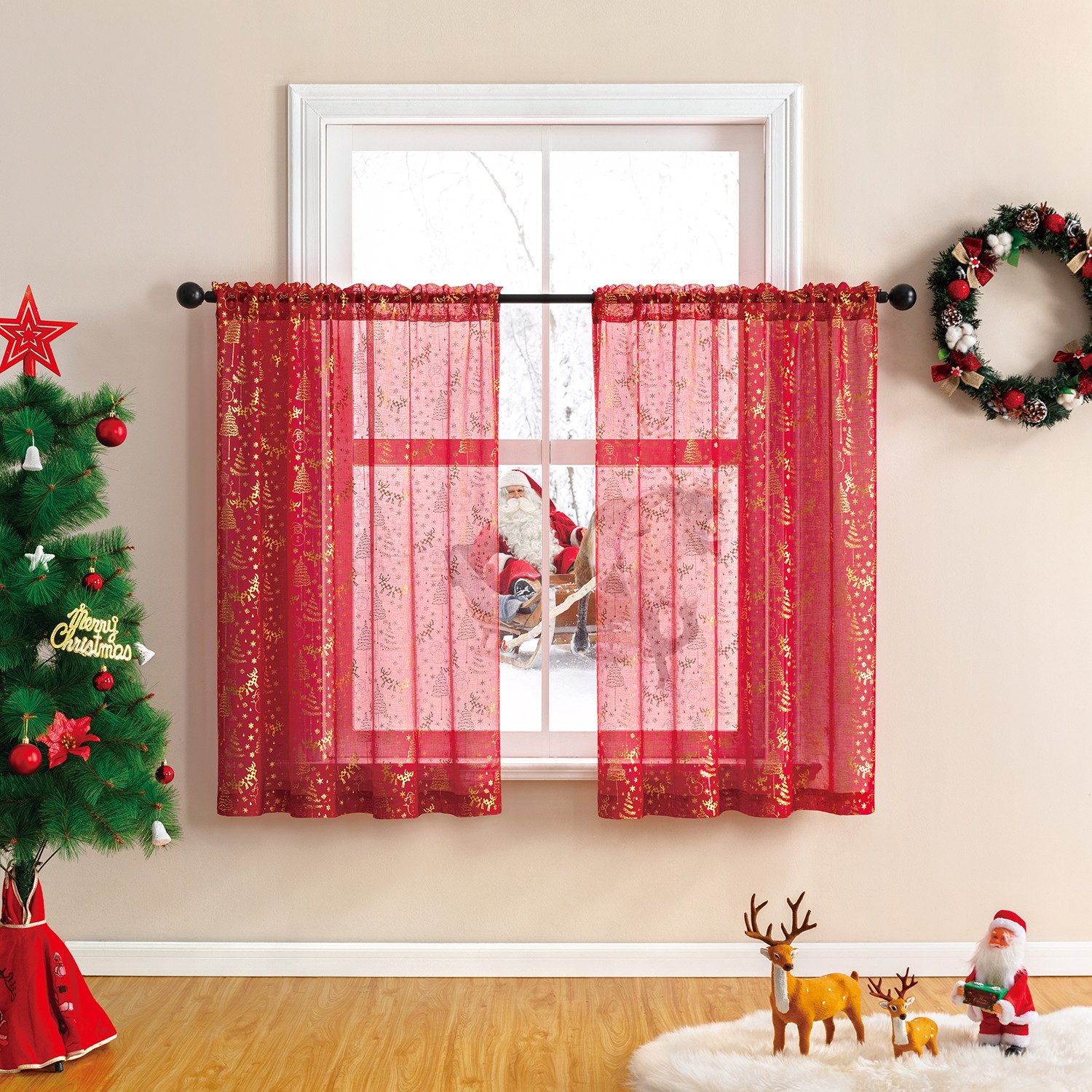 Jibenhome Gardine Kurzer Vorhang 2er-Set Weihnachtsvorhänge aus goldfarbener Folie, mit Stangentasche Gardinen für zu Hause,Partys,Hotels & Restaurants